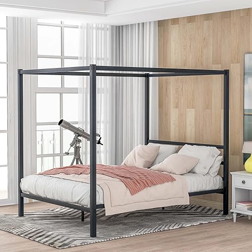 Miniatura 4 de TMEOSK Queen Size 4-Post Metal Canopy Bed Frame with Classic Retro Style Headboard and Sturdy Steel Support for Boys Girls Teens Adults