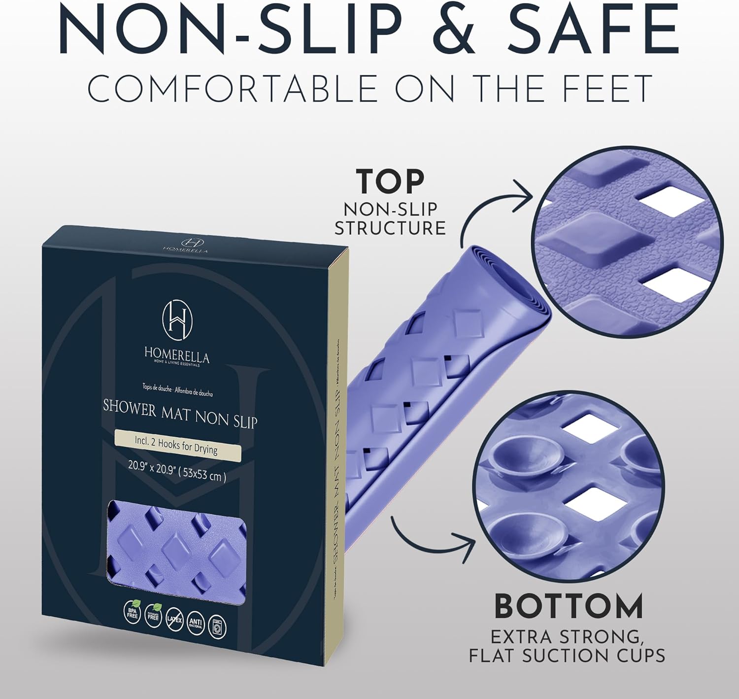 homerella® Shower Mat Non Slip Anti Mold, Non Slip Shower Mats for Inside Shower Stall Anti Slip Mat, Square Shower Floor Mat 21 x 21 in with Suction Cups & Hooks for Quick Drying, Machine Washable - Image 5