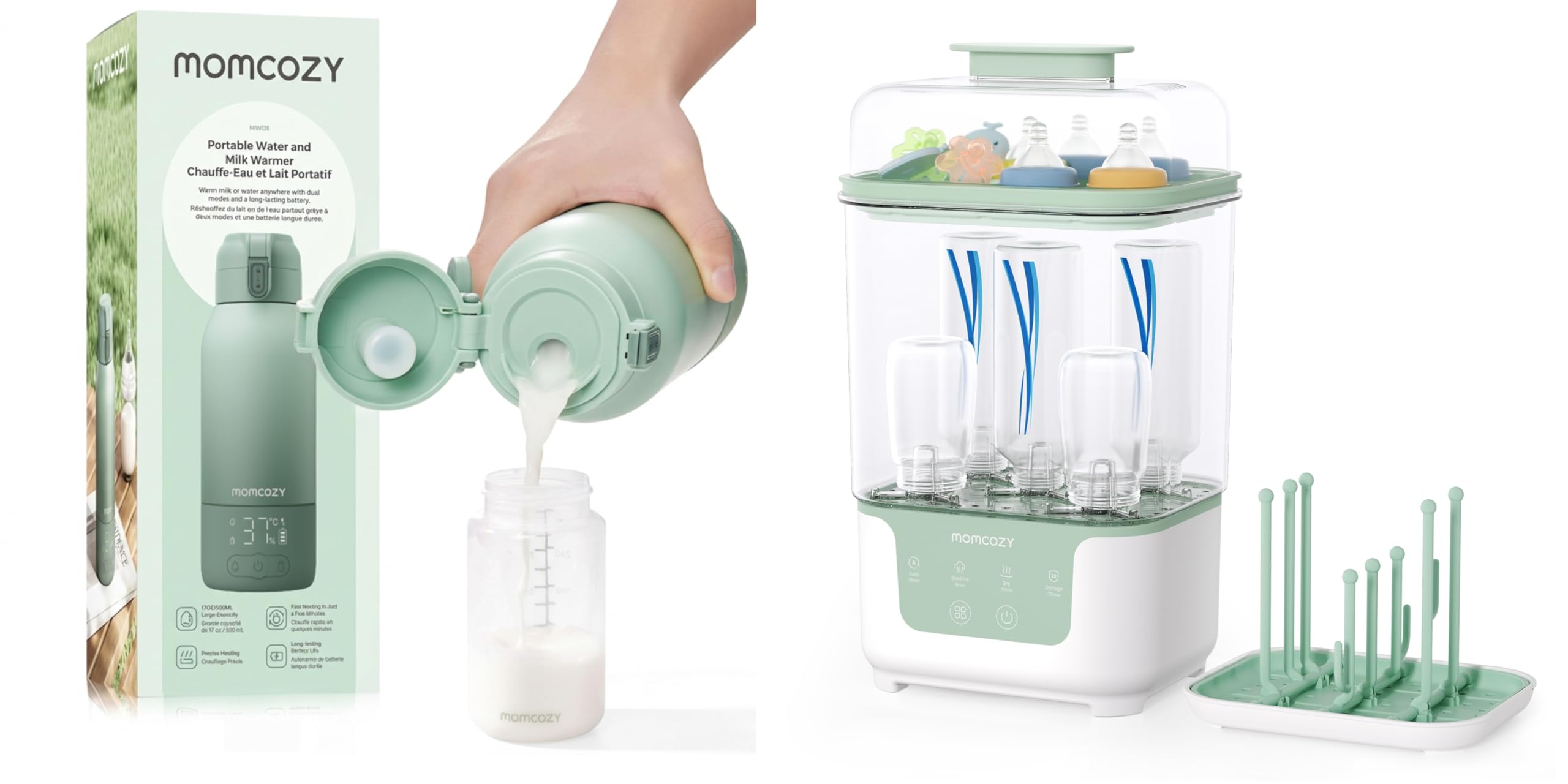 Momcozy MW05 Tragbarer Flaschenwärmer Baby für unterwegs, 500ml Kapazität & Momcozy Dampfsterilisator und Trockner für Babyflaschen | 4-in-1 kompakte Flaschensterilisator mit Trocknerfunktion