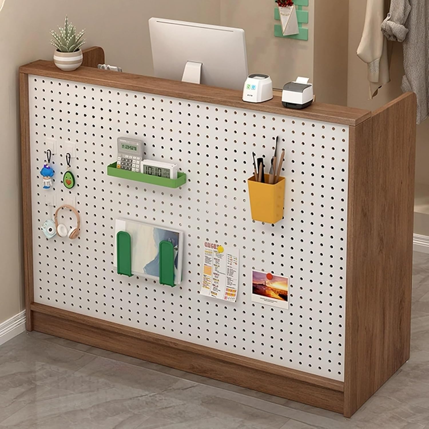 JKGHK Reception Desk, Modern Front Desk Reception Room Table with Perforated Board, Retail Checkout Counter with Lockable Drawers, for Retail, Lobby, Beauty Salon(Brown,23.6in/60cm)