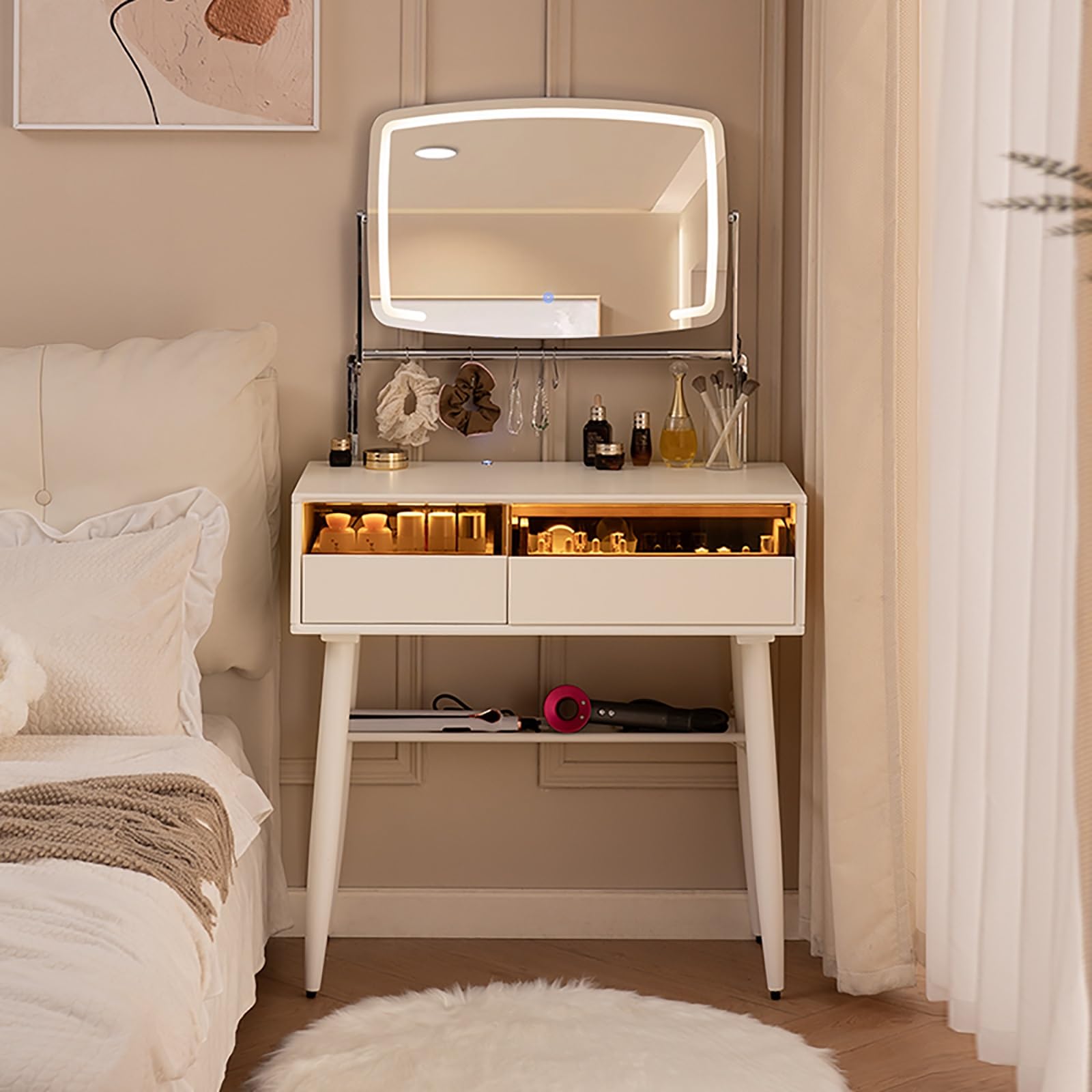asdchZen Lighted Vanity Table Set With Stool, Makeup Desk With Storage Shelves, Dressing Table For Women & Girls, Compact Makeup Station With Mirror, Perfect For Small Spaces,80x39x80cm