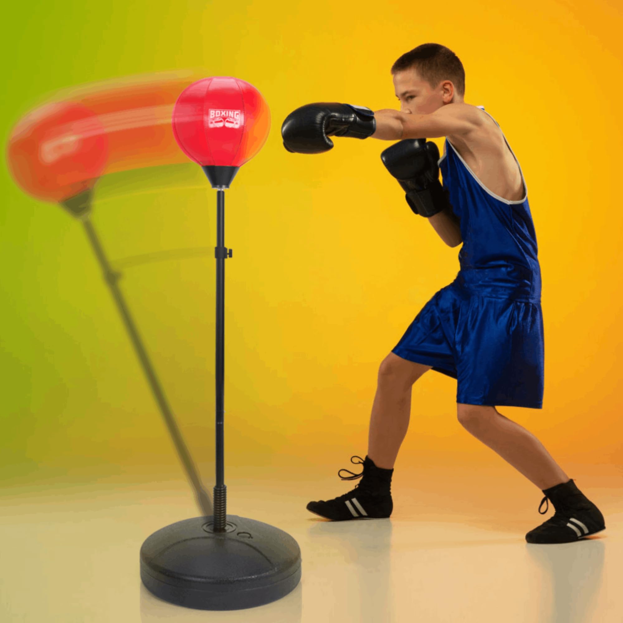 DEVESSPORT Punching Ball Infantil Rojo | Altura Ajustable de 1,26 a 1,46 m, con Guantes de Boxeo y Base Rellenable – Juego de Boxeo para Niños a Partir de 5 Años
