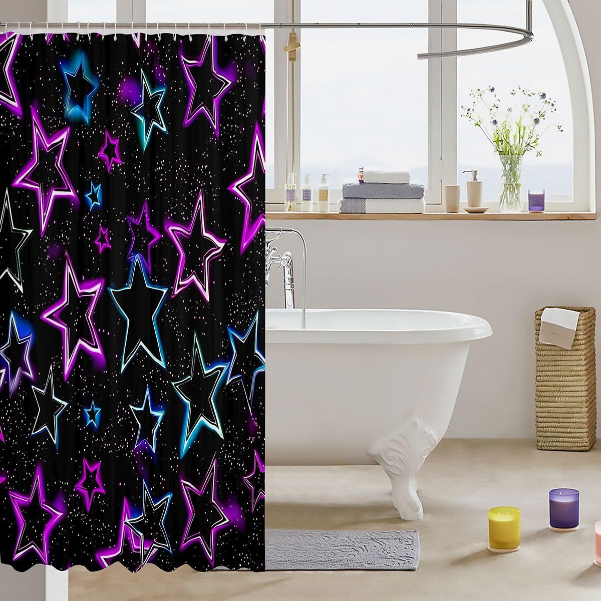 Erosebridal Colorful Stars Print Bathroom Accessories 3D Neon Lights Star Print Shower Curtain Geometric Star Themed Bathroom Curtain Kids Adults 72" W x 72" L Outer Space View Fabric Shower Curtains image 3