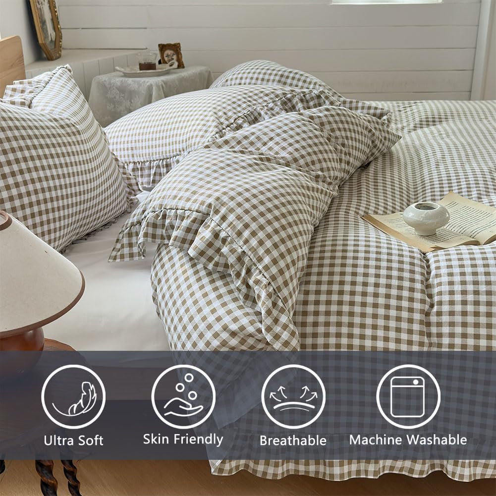 NSNLGSGC Tan Gingham Ruffle Duvet Cover King Size, 3 Pieces Taupe Soft Pre-Washed Microfiber Checked Plaid Comforter Cover Set, Vintage Farmhouse Bedding Set(Tan Gingham, King 104"x90") - Image 2
