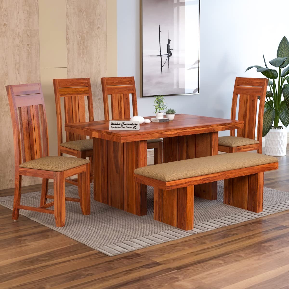 NISHA FURNITURE Sheesham Wooden Dining Table 6 Seater Set for Home & Dining Room Furniture ...