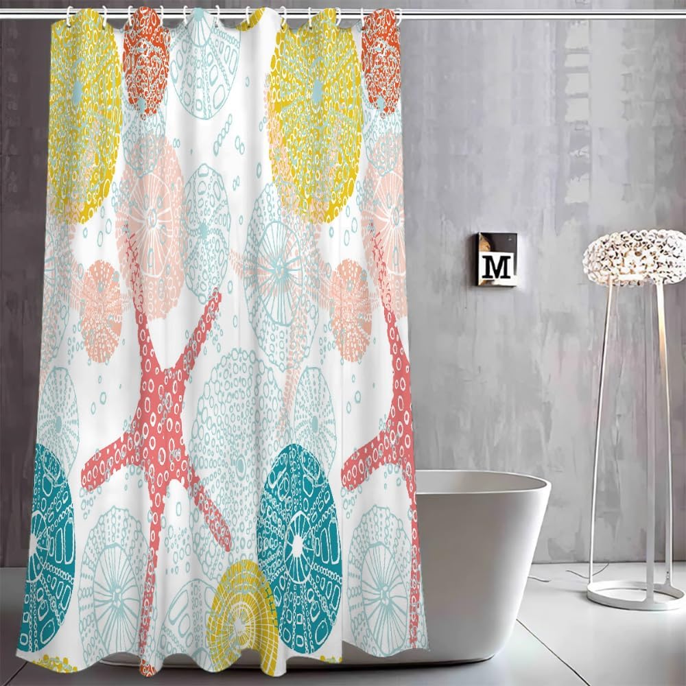 Cartoon Starfish Shower Curtain Set 72" W x 72" L Fossil Pattern Bath Curtain Bathroom Fabric Polyester Waterproof Modern Shower Curtains with Hooks（Colorful）