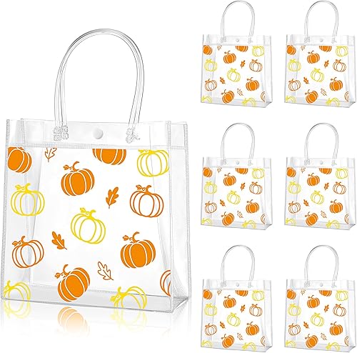 Aliceset 12 bolsas de regalo de PVC con diseño de calabaza de otoño con asa, hojas de otoño transparentes, bolsa de golosinas de calabaza para