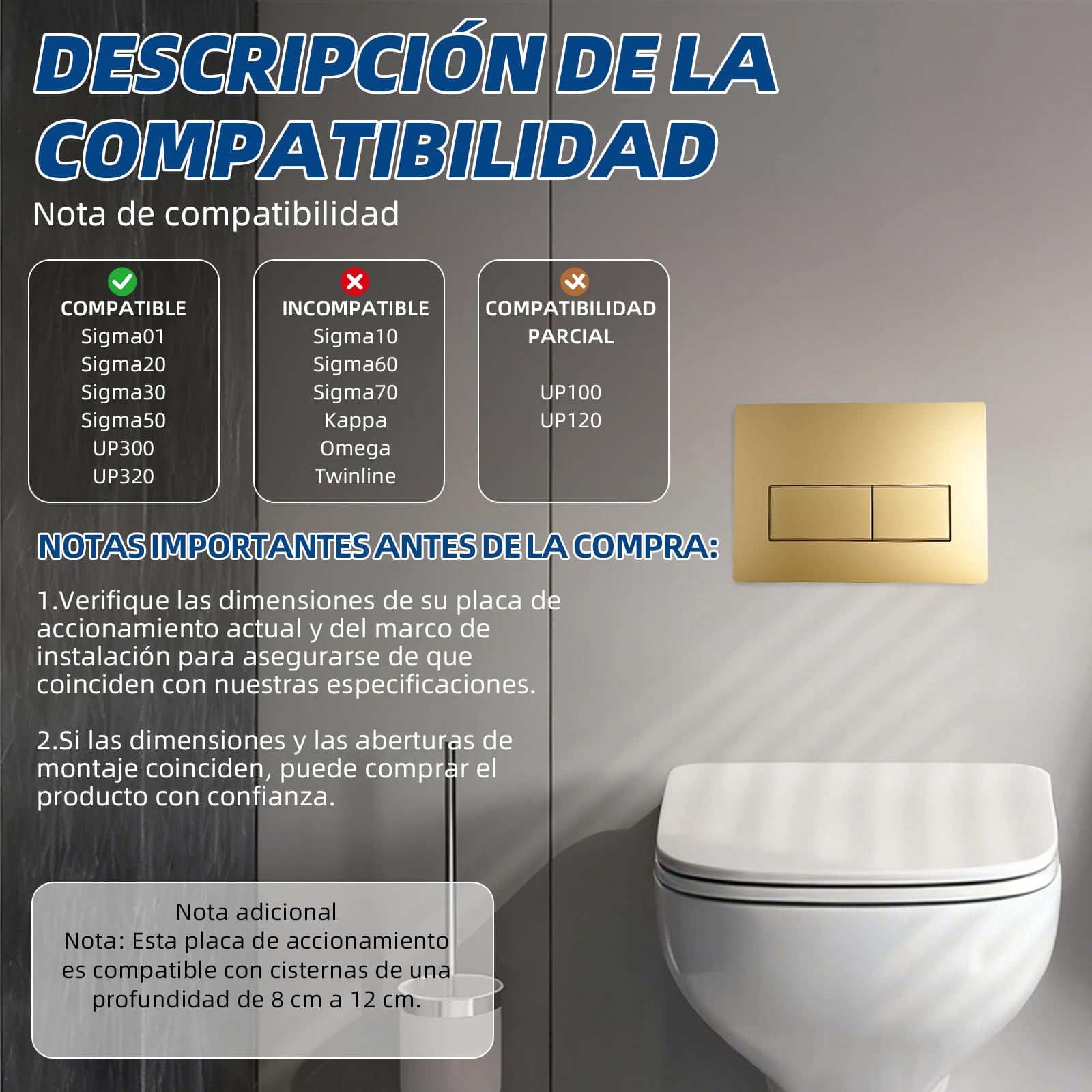 Repuestos para cisternas de inodoro compatibles con Geberit Sigma01 UP300 y 320 115770115 (dorado)