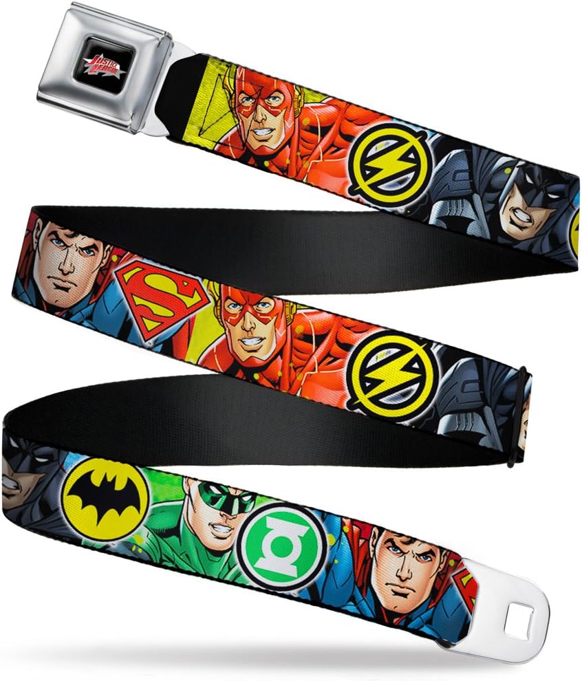 Buckle-Down Men's Seatbelt Belt Justice League Kids, Superhero c/Blue Poses/Logos, 1.0" Wide-20-36 Inches