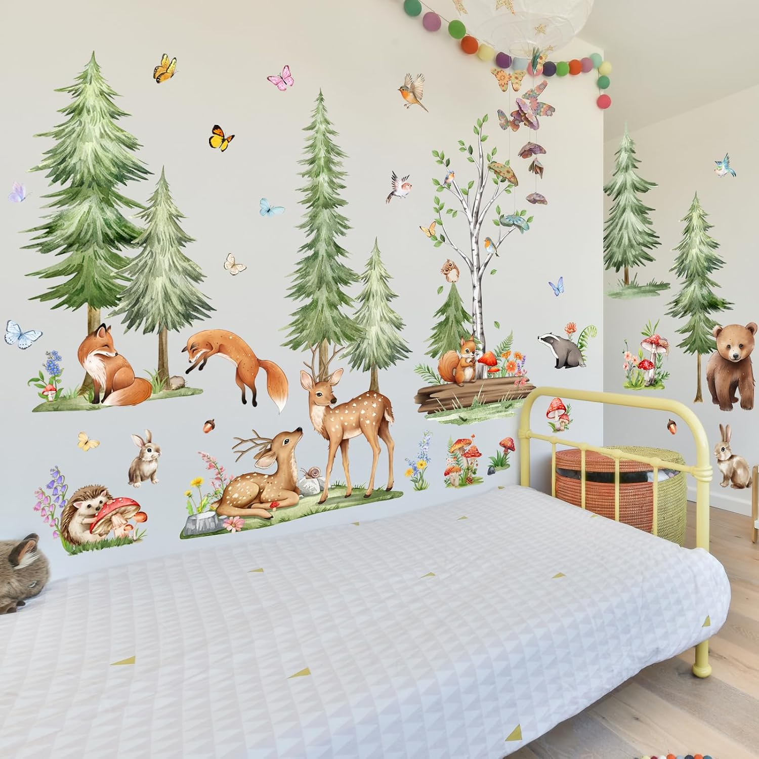 Forest Animal Tree Wall Stickers, Watercolor Deer Fox Squirrel Pine Tree Wall Decals Peel and Stick Murals for Kids Bedroom Living Room Nature Decor (Green Pine Animal)