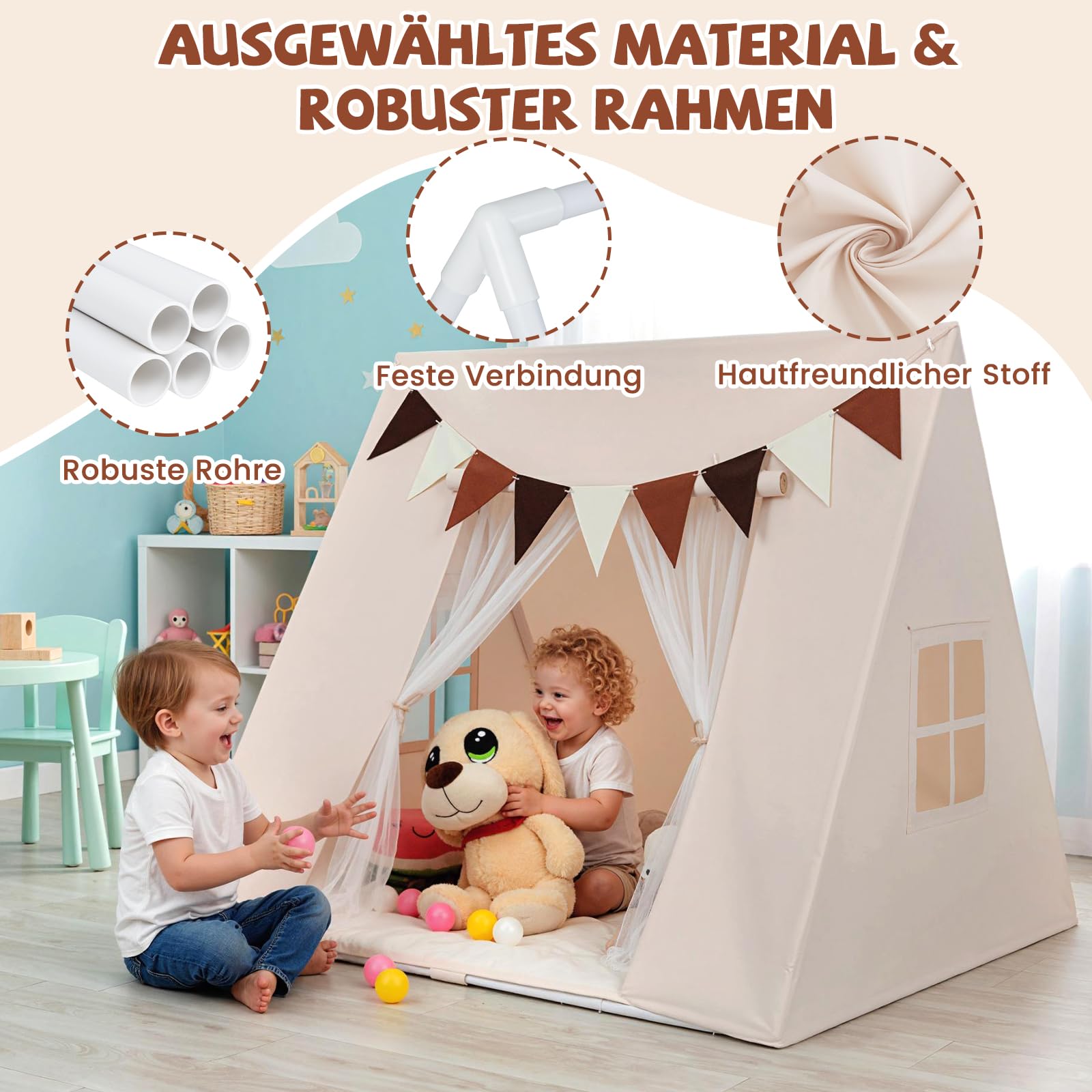 GOPLUS Namiot Tipi dla dzieci, namiot dziecięcy do użytku wewnątrz z wyściełaną matą i zasłonami, namiot tipi z kolorowymi flagami i oknami, domek do zabawy dla chłopców i dziewczynek od 3 lat, kącik