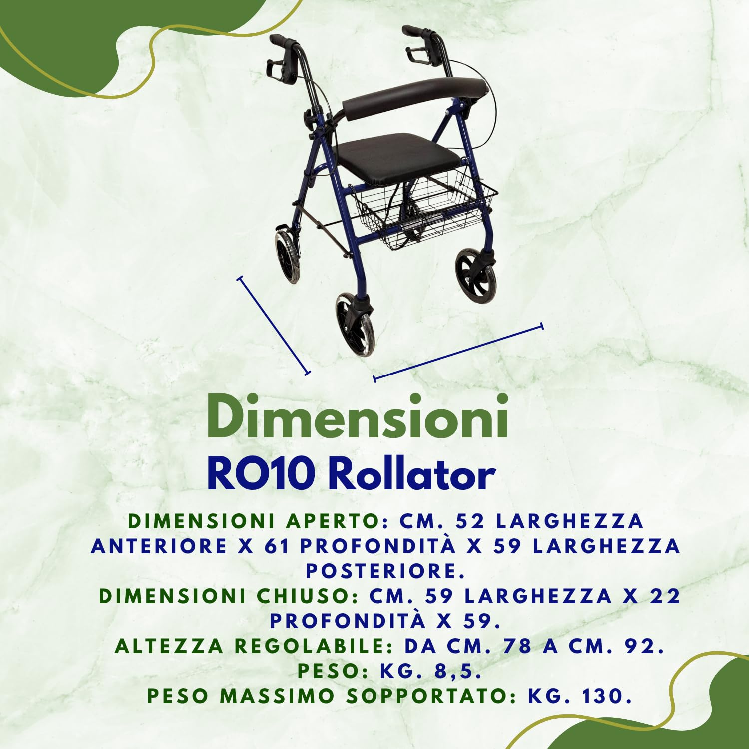 TERMIGEA RO10 - Deambulatore per Anziani con Seduta Pieghevole, Carrello per Anziani per Camminare in Acciaio (Portata 130KG) Sedile e Schienale Imbottito, Freni di Stazionamento, Altezza Regolabile