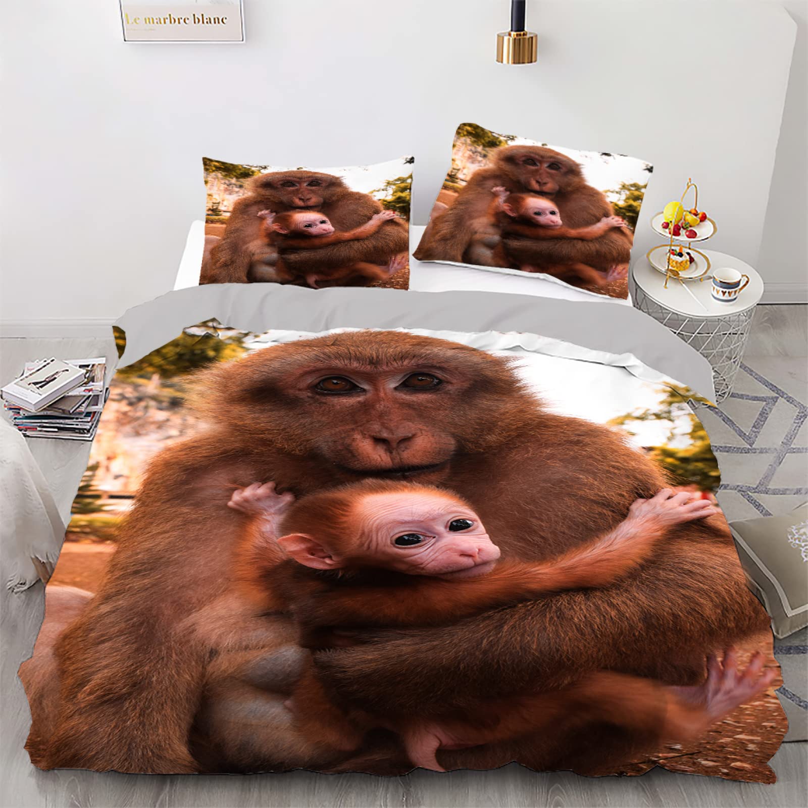 Housse de couette 140x200 fille singe brun avec taie d'oreiller 65x65