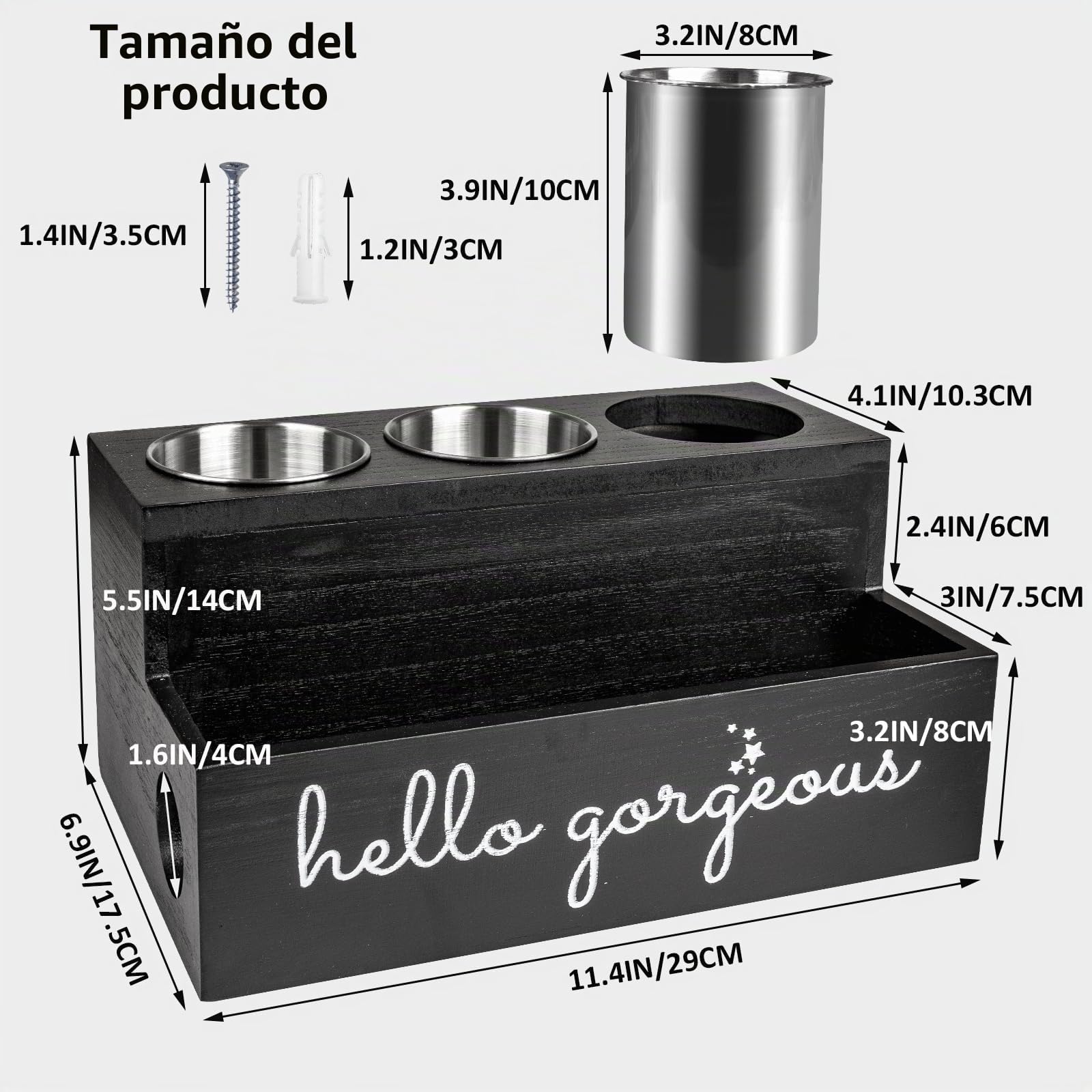 Portasecador de Pelo Madera - Organizador 2 Niveles para Planchas y Cosméticos del Baño,Organizador de Herramientas para el Cabello, Montaje en Pared o Mostrador (Negro)