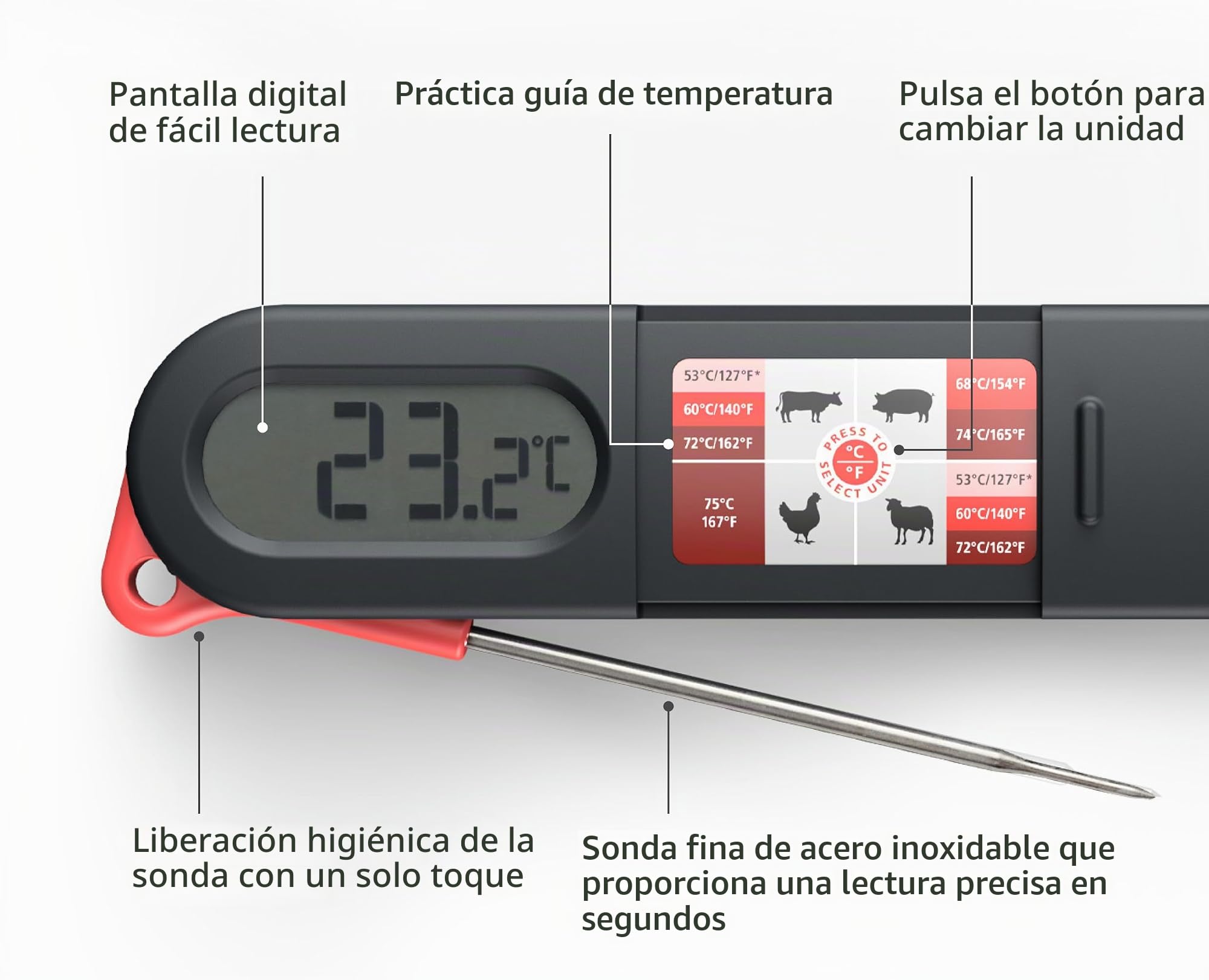 Joseph Joseph ThermaPoint Termómetro Digital Preciso para Alimentos, Sonda de Acero Inoxidable, Lectura Instantánea, Pantalla de Fácil Lectura, Batería Incluida