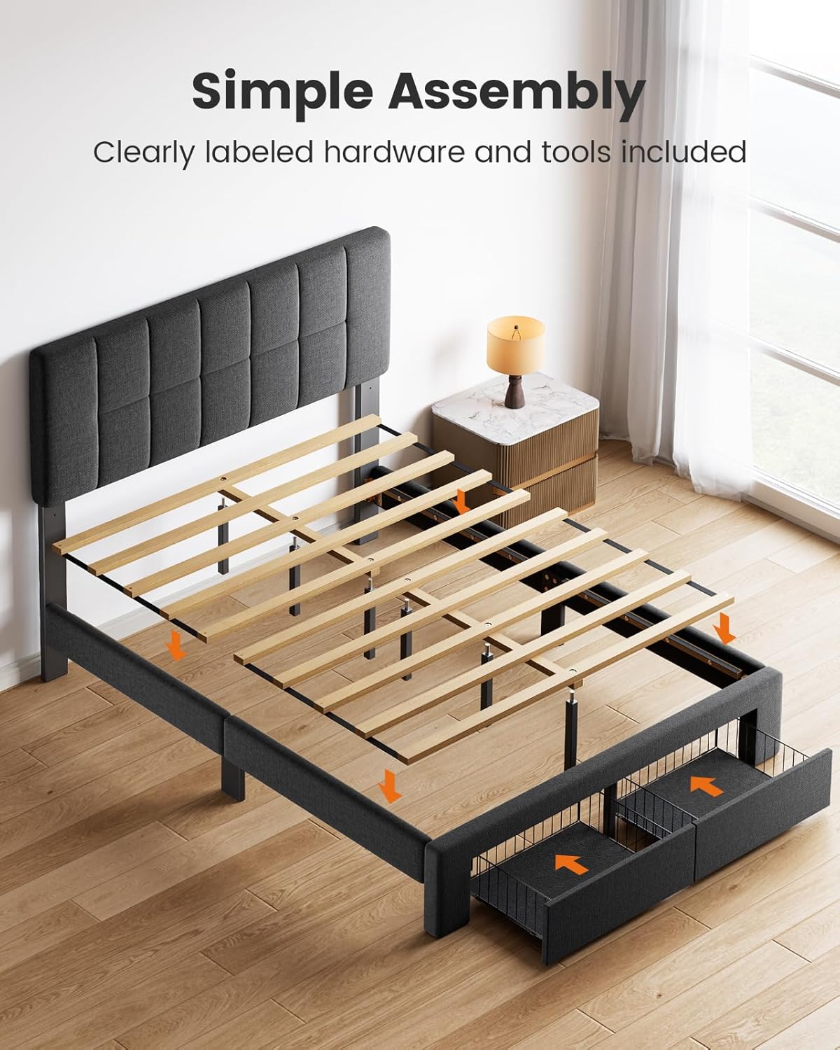 Pipishell Queen Bed Frame with 2 Storage Drawers, 12 Sturdy Legs, Solid Wooden Bed Base with Upholstered Headboard for 6″ to 12″ Mattresses, 1300 lbs High Weight Capacity, Easy Assembly, Dark Gray