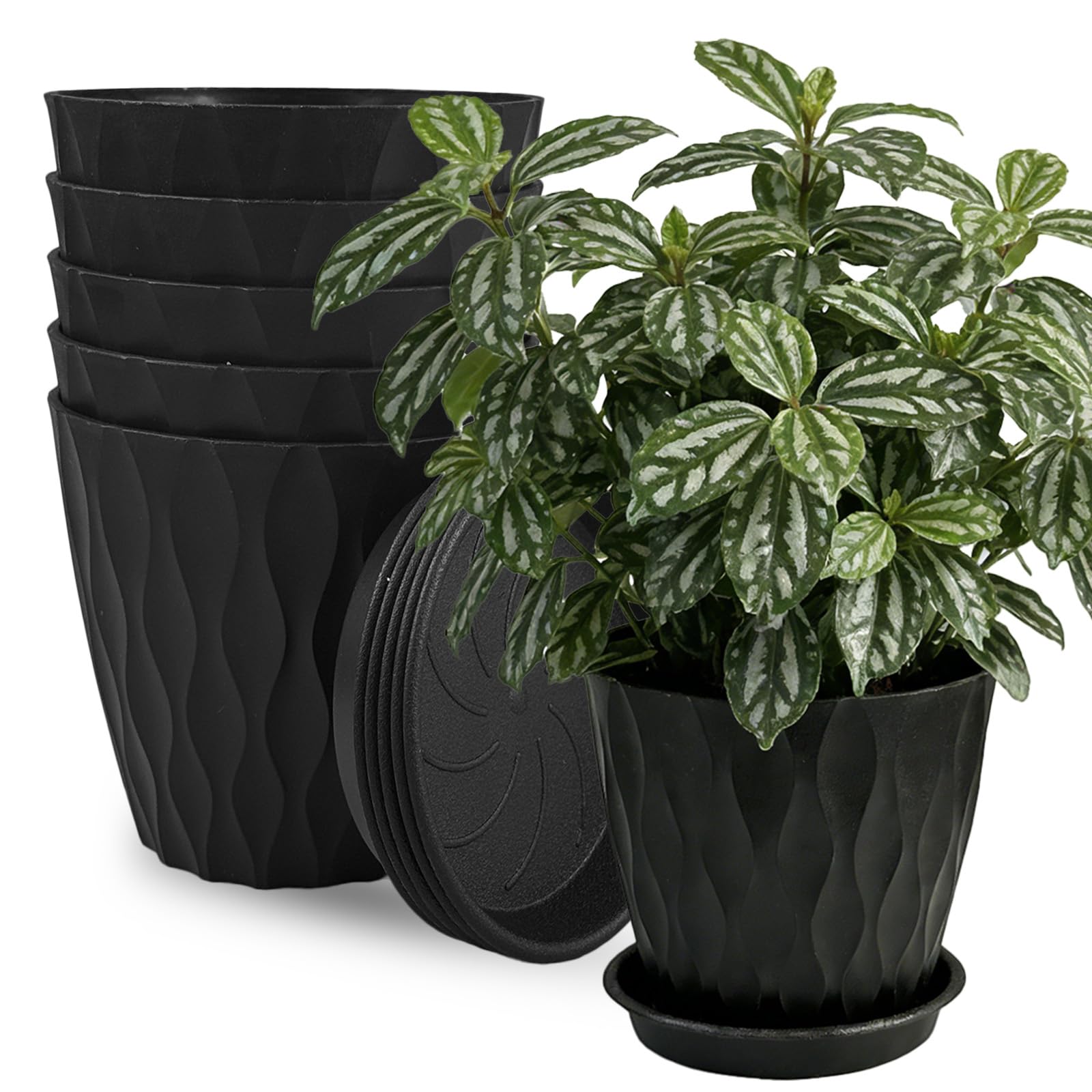 6 Pack Plastic Plant Pots 15cm/6-in Flower Pots with Drainage Holes and Tray Modern Decorative Planter Pot Indoor Outdoor Planters for All House Plants(6 Colour) — view 9