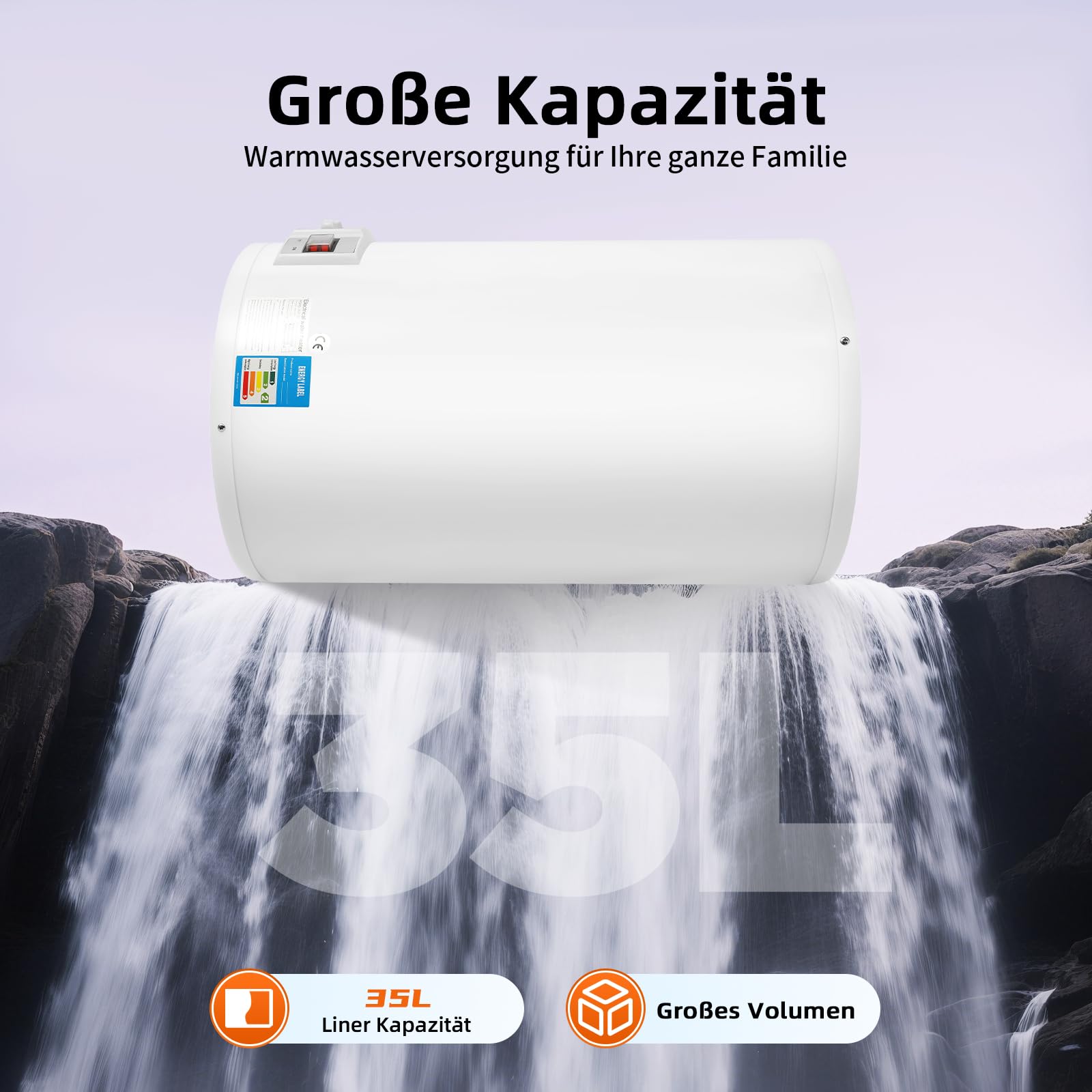 50 L, 220V Elektro Warmwasserspeicher, 2000W Wandbefestigung Horizontal Wasserboiler Dusche, IPX4, Heiztemperaturbereich 25-75℃, Elektrischer Edelstahl-Wasserhahn für Garten, Werkstatt, Camping & Co