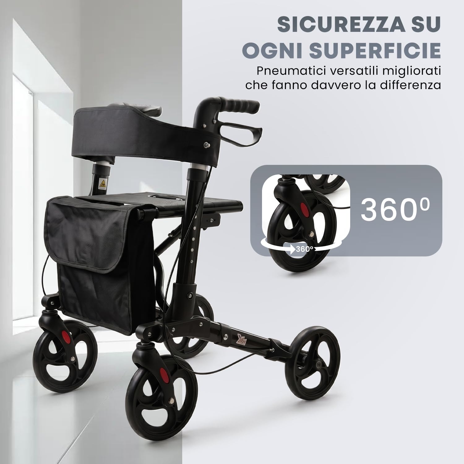 Deambulatore pieghevole leggero con sedile, borsa portaoggetti e freni,Ausilio per la mobilità a 4 ruote per anziani e disabili Telaio per deambulazione regolabile in altezza con maniglie comode Nero
