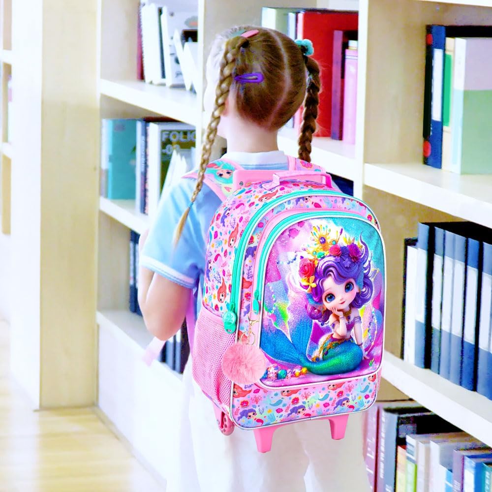 3Pcs Rolling Backpack for Girls, Kids Roller School Backpack with Wheels, Mermaid Wheeled Bookbag for Elementary Preschool Kindergarten(Pink) - Image 9