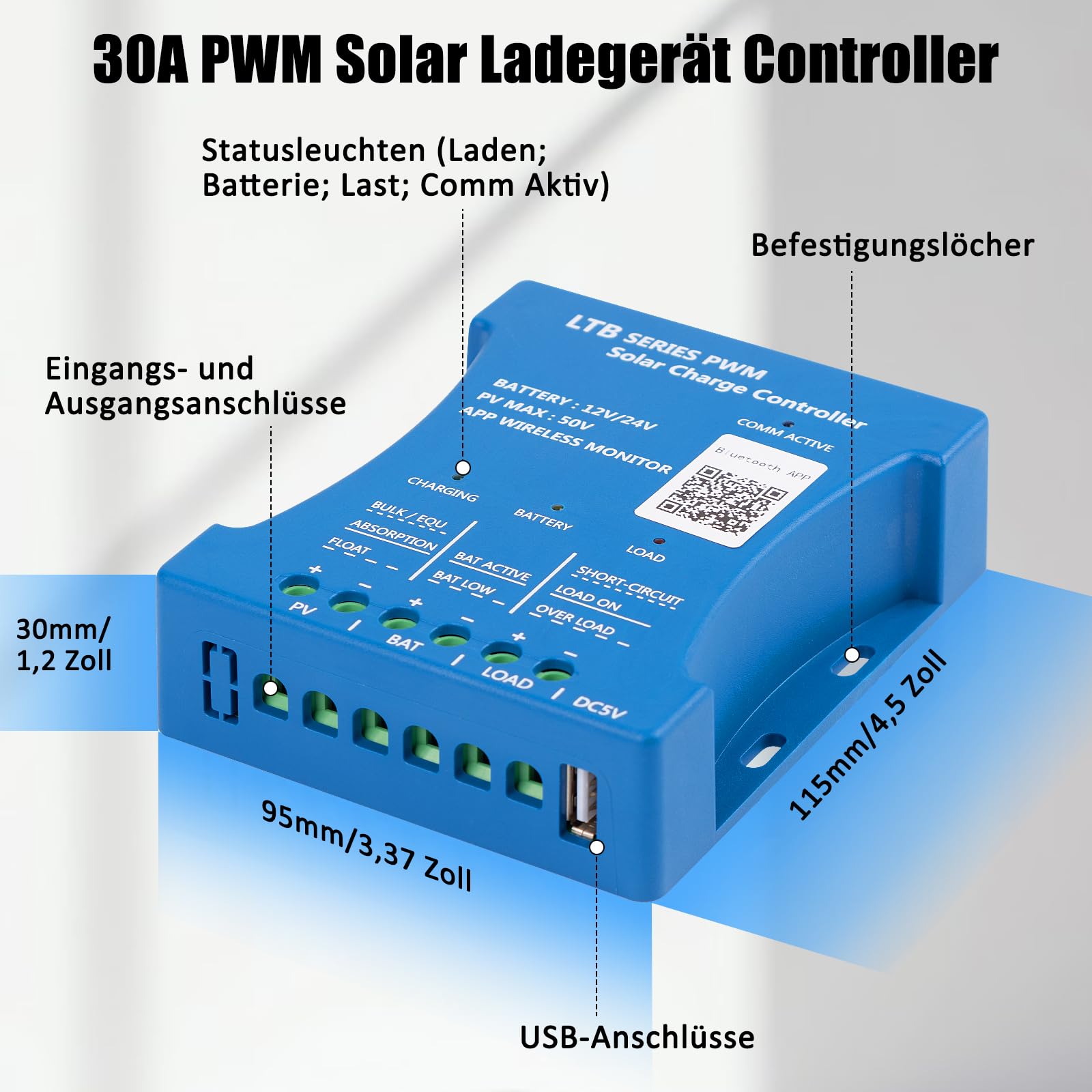 Controlador de cargador solar con aplicación Bluetooth de 30 A: KWODE 30 A, 12 V/24 V, PV: 50 V, controlador inteligente de panel solar, controladores de cargador PV Bluetooth PWM para plomo ácido