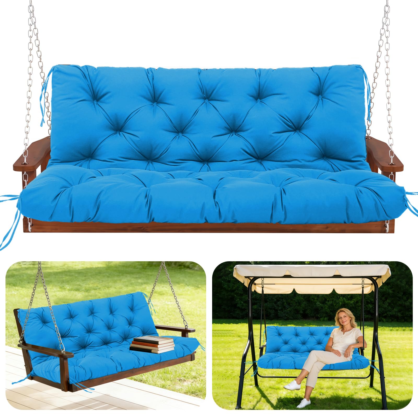 GHDM Garden Bench Cushion Thick 12cm Swing Cushions 2 Seater with Backrest and Tie 120cm Waterproof Swing Seat Cushions Replacement for Outdoor Furniture Patio Porch Lawn Backyard(Peacock Blue)