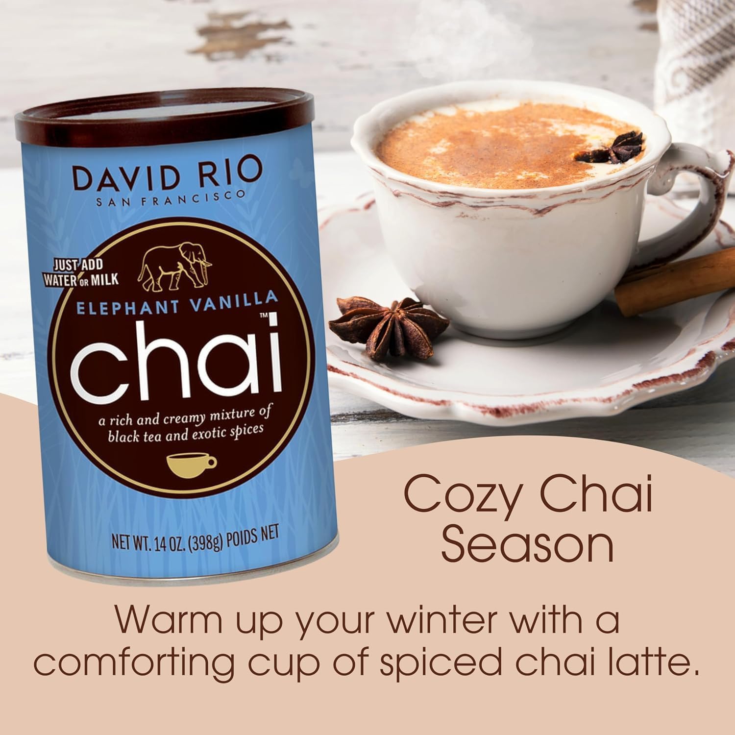 DAVID RIO Elephant Vanilla Chai® (Etichetta Ita) 389g Tin I Chai Latte with Black Tea, Vanilla, Honey & Cinnamon, Creamy Classic Tea with Caffeine