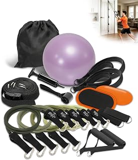 Track Pilates Home Workout Kit, Pilates Door Track System | Includes 2*Exercise Core Slider, 9" Yoga Ball, 2*Pilate Strap, 5*Resistance Band, Door Anchor Strap, Door Anchor, Inflator