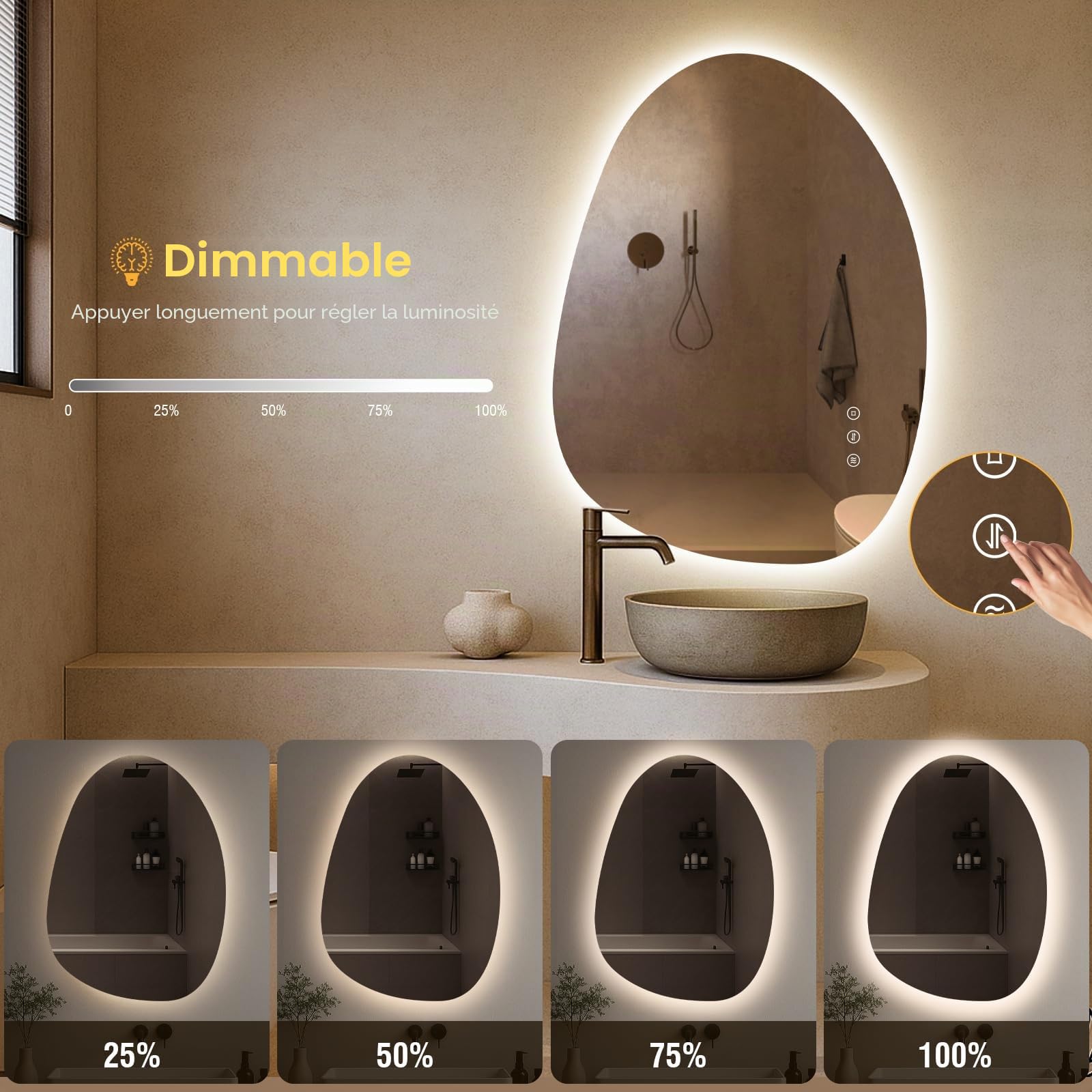 Miroir de salle de bain LED asymétrique avec éclairage 75 x 55 cm, anti-buée, 3 couleurs de lumière, réglable, avec éclairage, intensité variable, avec fonction mémoire, économie d'énergie