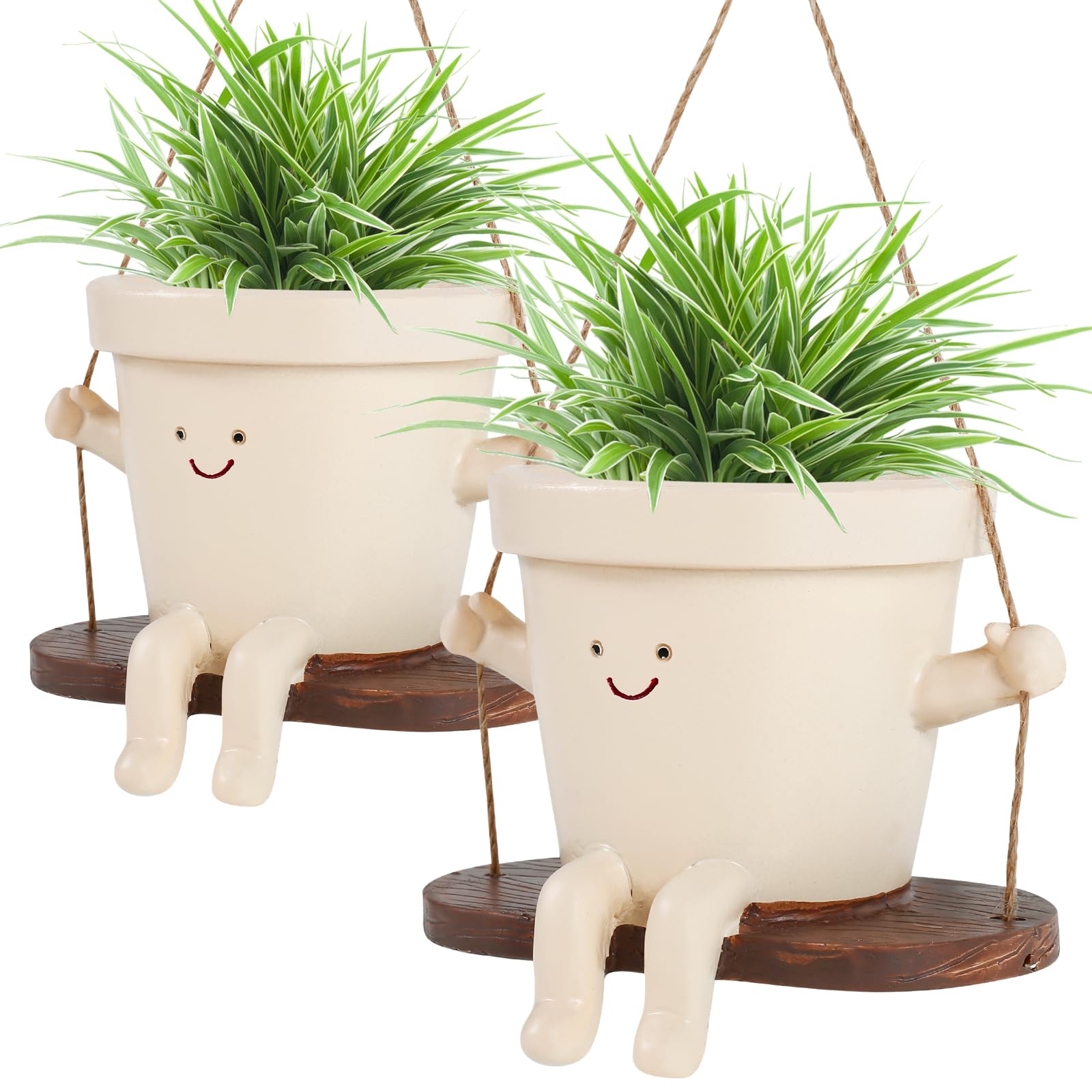 NIHUIFDPY 2Pcs Swing Face Planter Pot, Cute Hanging Flower Head Planters, Unique Sitting Sway Pots Indoor Outdoor, Decorative Resin Plants Succulent Pot Gift Ideals for Wife Women