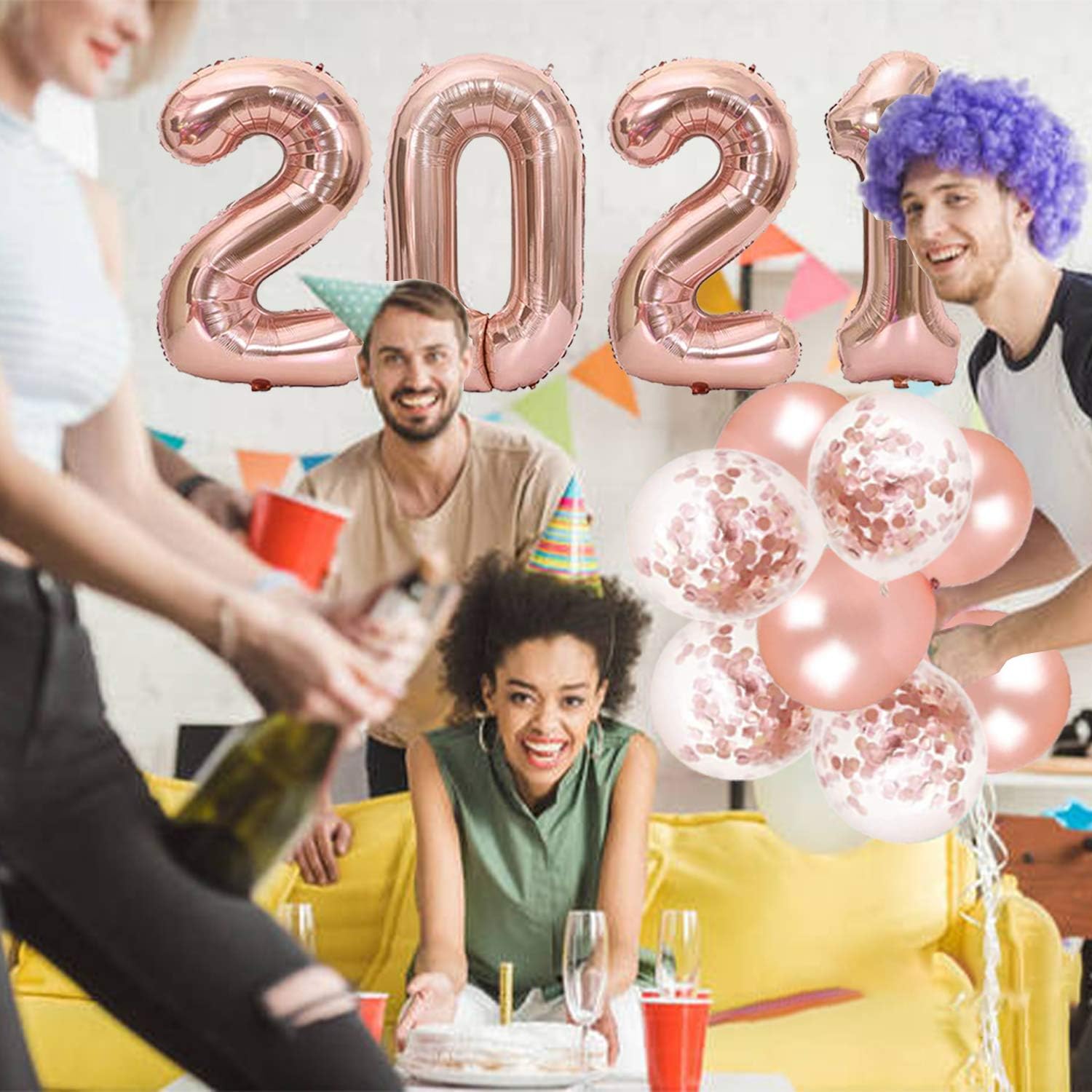 28 Pack Rose Gold New Years Party Decorations Kit, 2021 Rose Gold Balloons Rose Gold Confetti Balloons Paper Pom Poms Hanging Party Swirls for Lunar New Year’s, Graduation Party Supplies, Home Decor