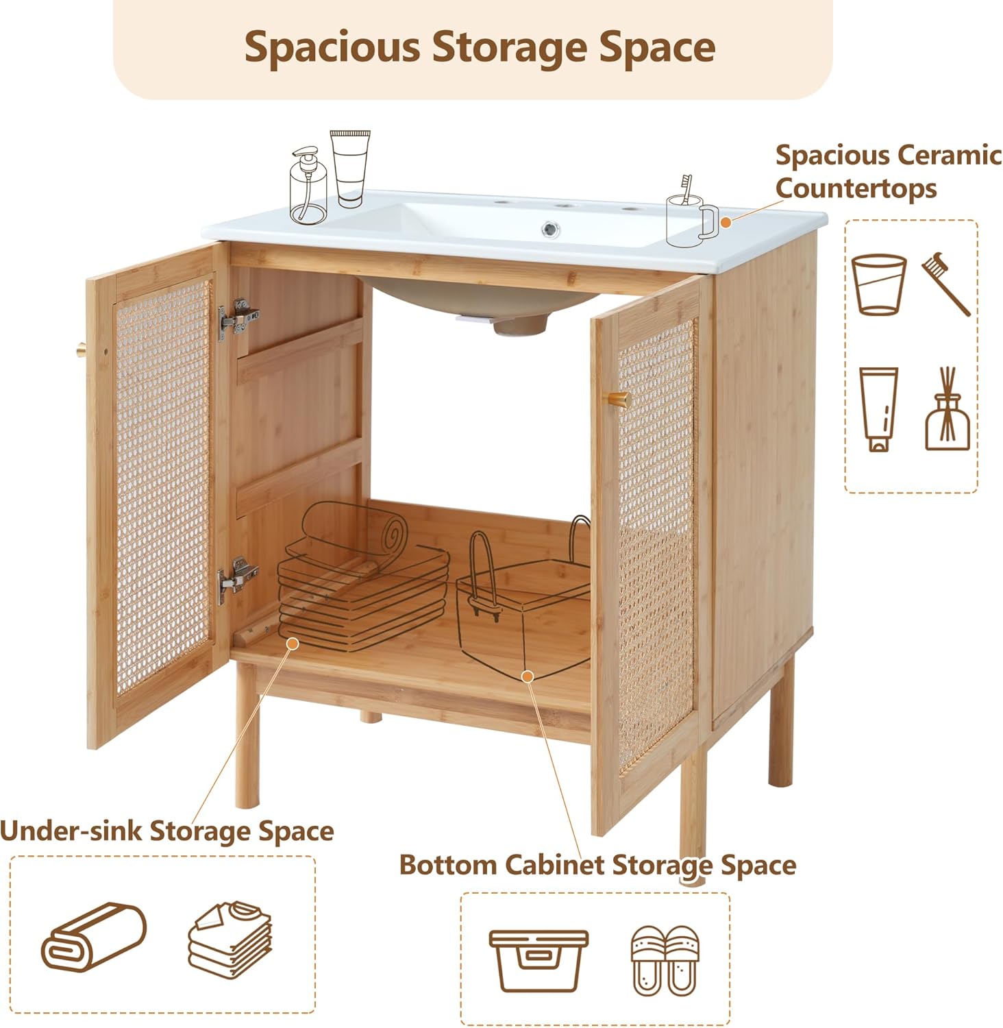 Merax 30" Fluted Bathroom Vanity with Ceramic Sink Combo，Freestanding Modern Bathroom Storage Vanity Cabinet with Featuring Handmade Rattan Doors，Zinc Alloy Handle,Wood