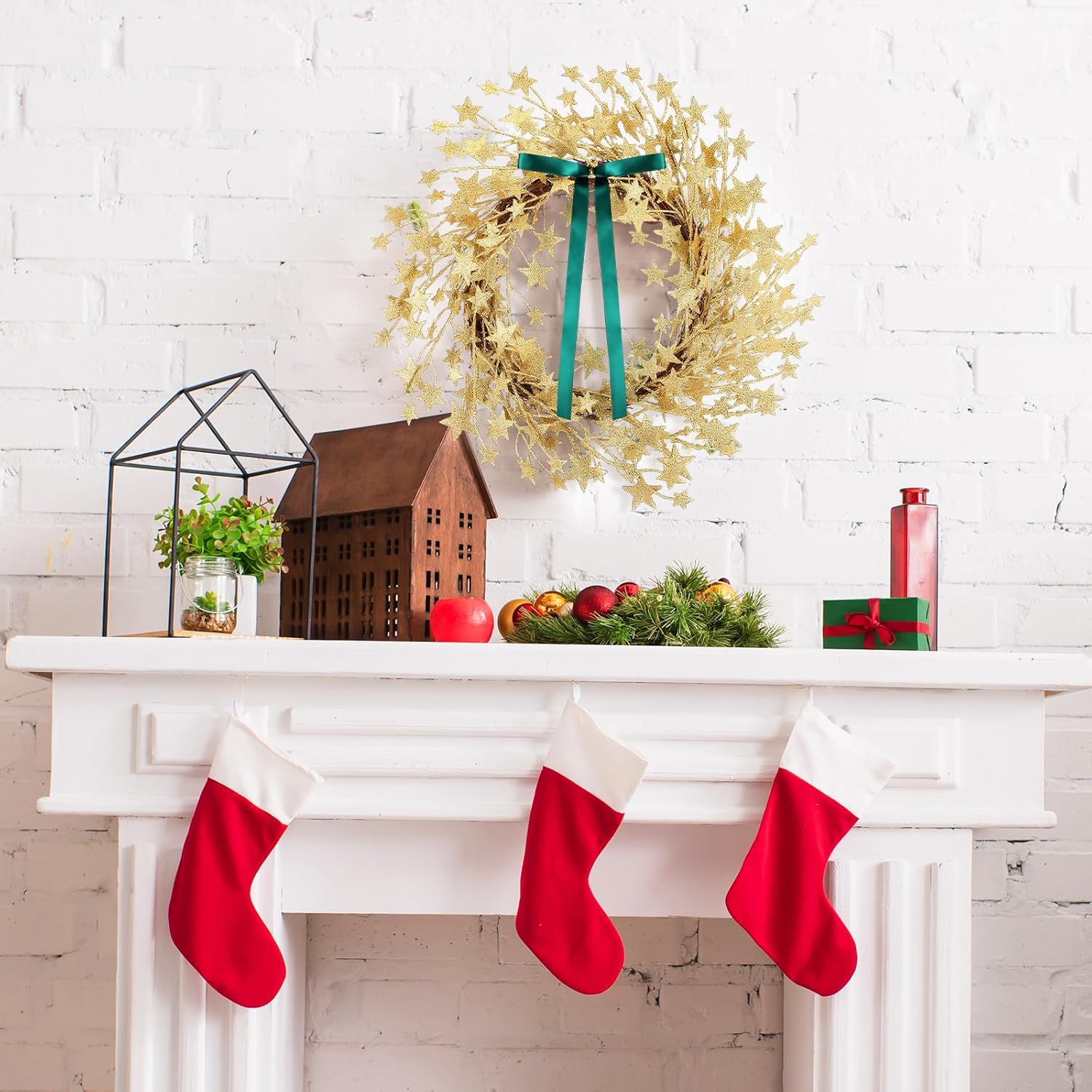 クリスマスリース 18インチ グリッター スター 吊り下げ ドア デコレーション リース グリーンリボン付き クリスマスデコレーショ