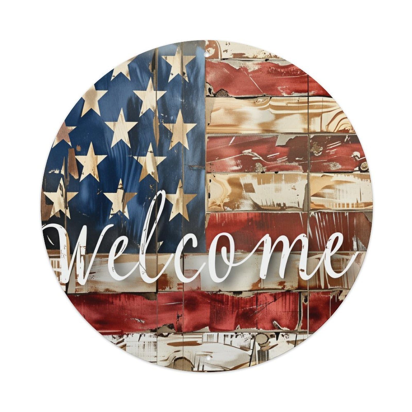 American Flag Wood Panel Welcome Round Tin Sign Vintage Metal Poster, Home Bar Garage Man Cave Cafe Indoor & Outdoor Wall Decoration 8x8Inches