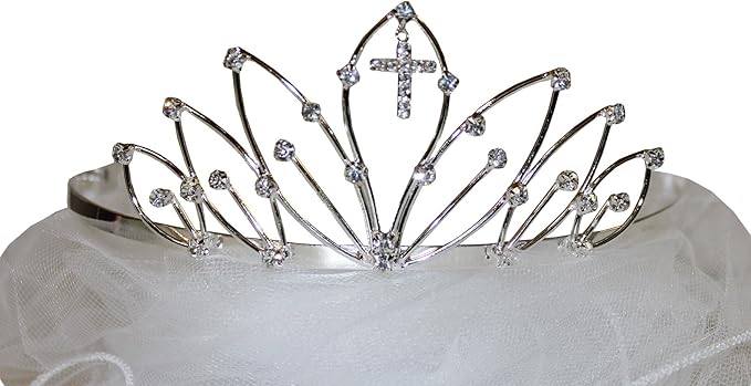 Amazon Com Kid Collection Girls Rhinestone Cross Tiara With Attached Veil V87 First Communion Dress Clothing Shoes Jewelry
