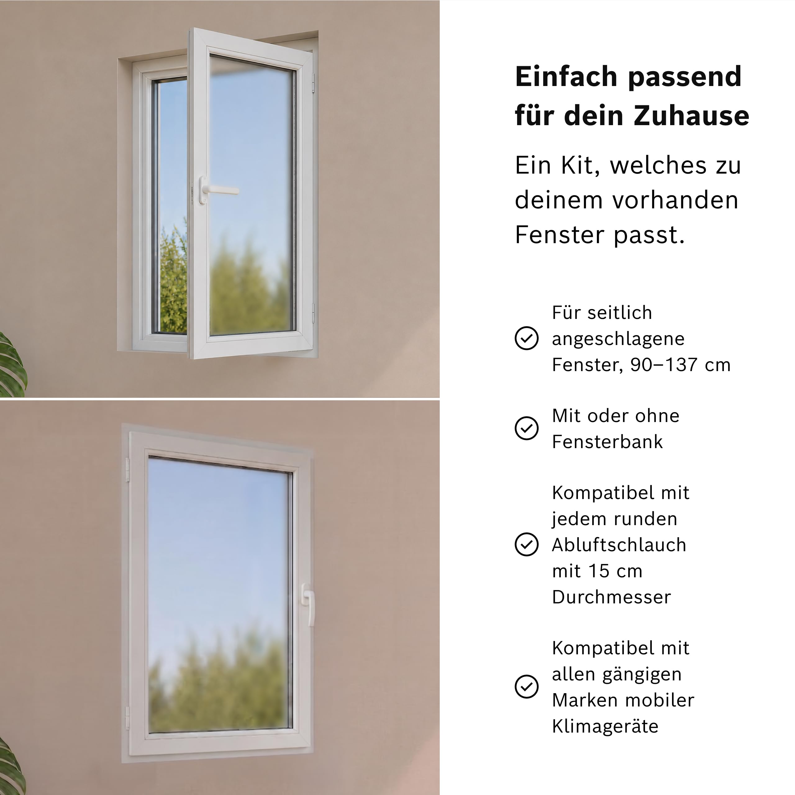 Bosch Fenster-Kit für Mobile Klimageräte - Für Dreh-Kipp-Fenster, Größenverstellbar 90-137 cm, Werkzeuglose Montage, Adapter für 15 cm Abluftschlauch, Inklusive Zubehör und Aufbewahrungstasche