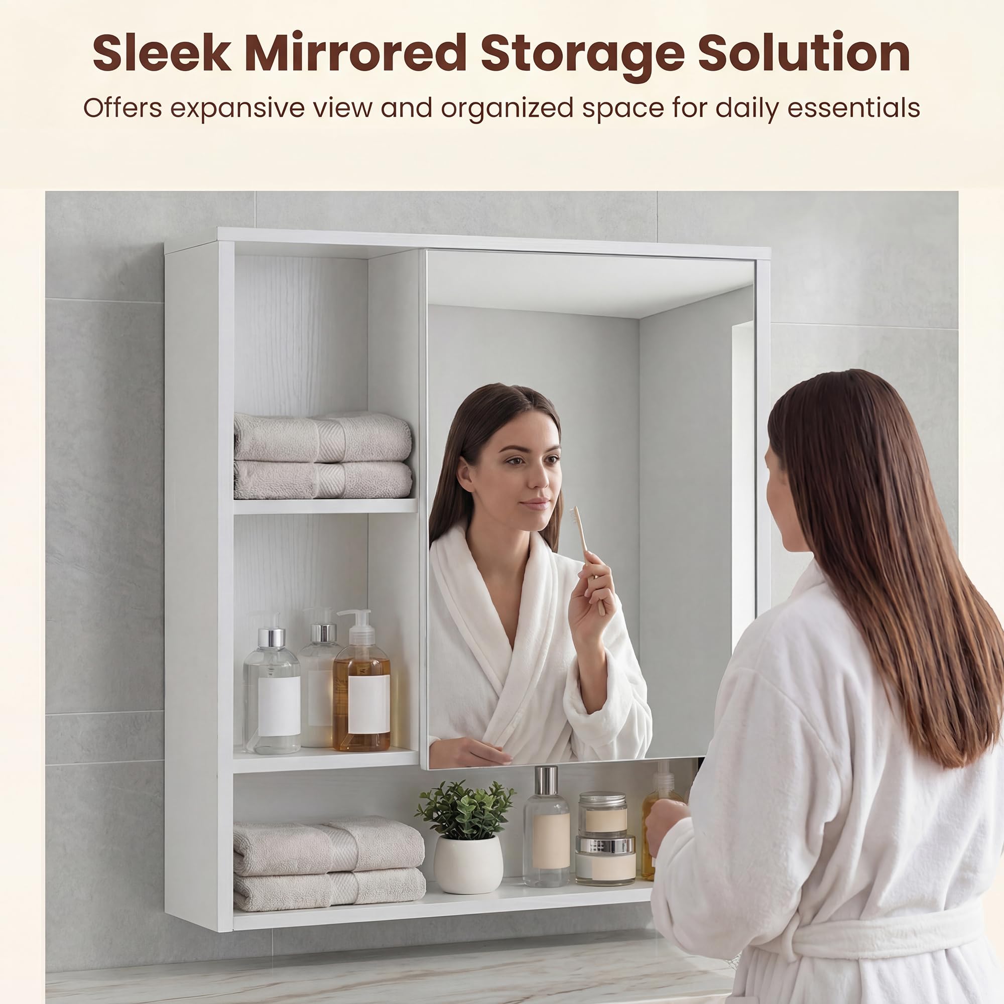 LIFEZEAL Armadietto da bagno a parete, mobile portaoggetti con anta a specchio, armadio, 3 ripiani aperti, portaoggetti salvaspazio moderno per cucina ingresso (bianco, 56 x 16 x 61 cm)