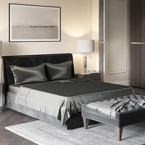 Miniatura 2 de Mulberry Park - Sábana encimera matrimonial de seda de morera 100 % pura, de 22 momme 6A, transpirable, ultrasuave, certificado Oeko-Tex, color gris