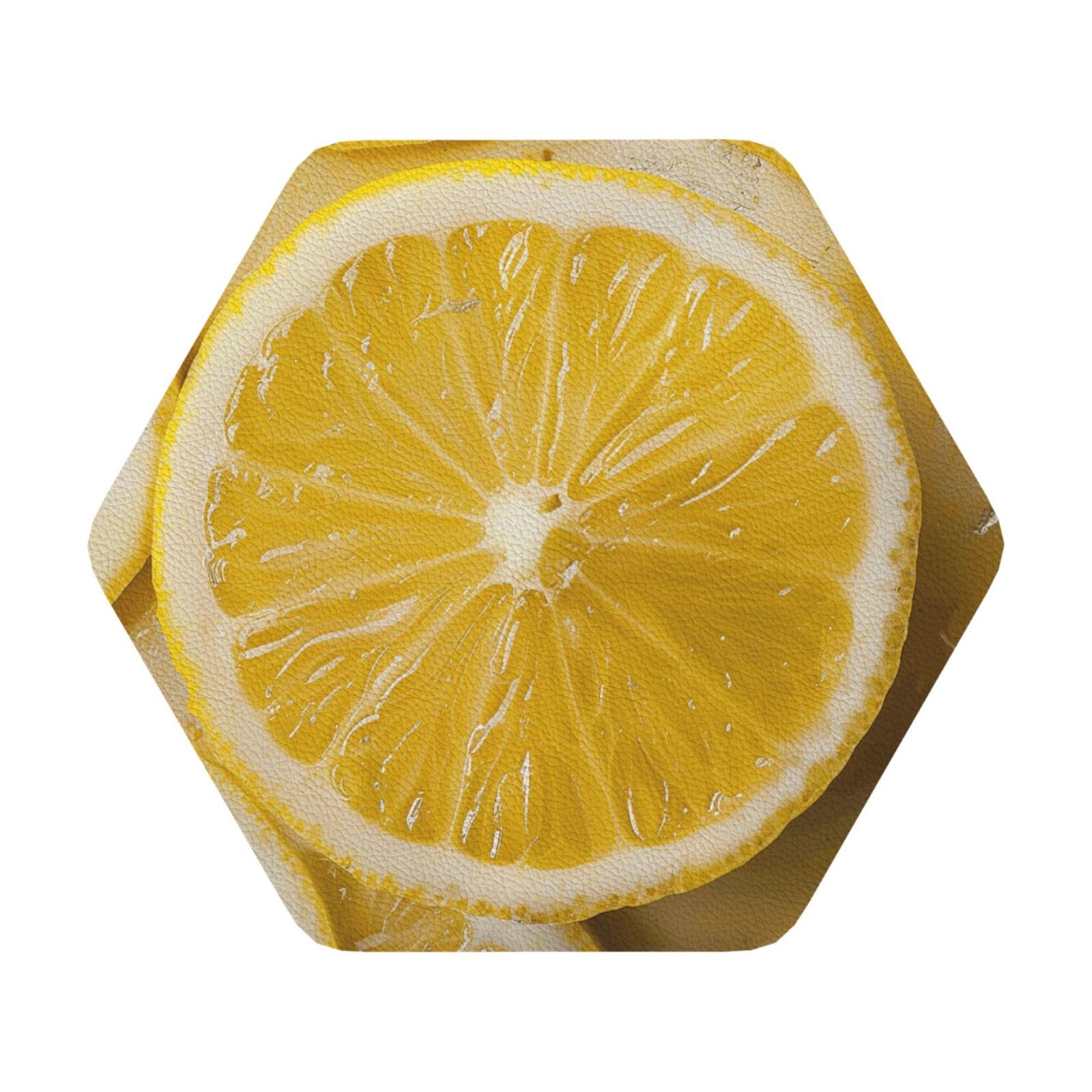 Yellow Lemon Print Leather Coaster Set of 6, Hexagon Coasters Table Decorative Coffee Cup Beverage Coasters Wine Beer Bar Coasters for Hot Drinks Table Protection