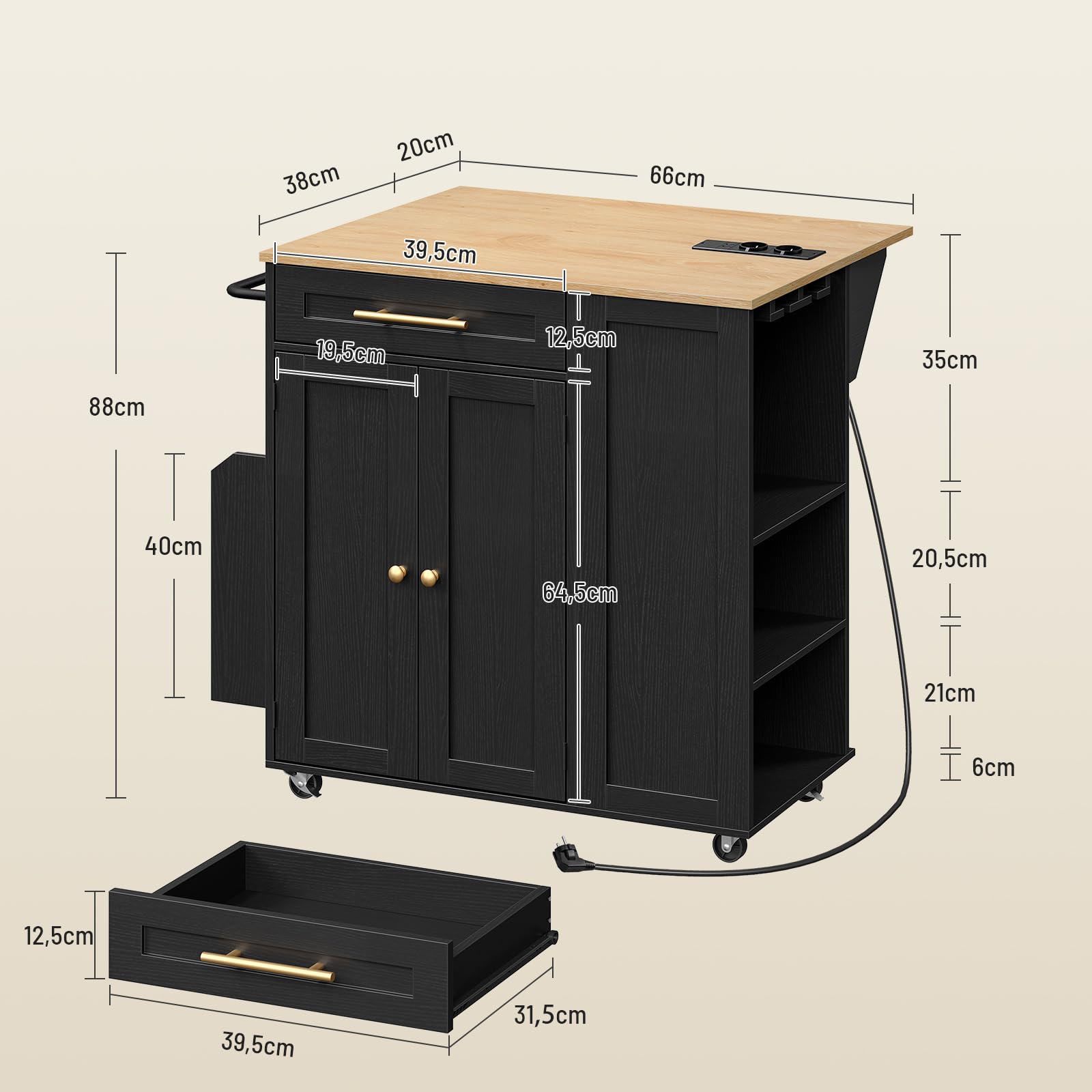 Isola da Cucina con Piano Estensibile, Carrello da Cucina Mobile con Stazione di Ricarica, Doppie Ruote Bloccabili, Ripiano Regolabile e Cassetto, per Piccoli Spazi (Nero, Colore Naturale)