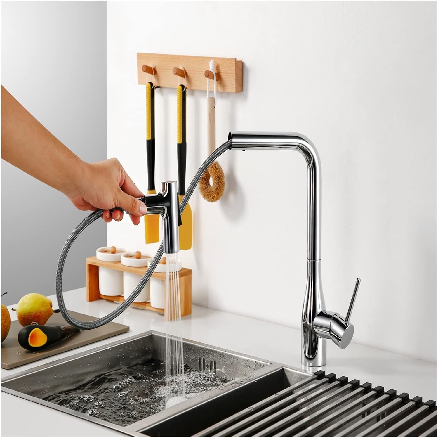 Youngran F1/2 M15*1 Nylon Braided Flexible Hose Stainless Steel Hose Kitchen Faucet Pull Out Hose Silica Gel Inner Tube Gray Black Chrome Leisurely (Color : Stainless Steel)