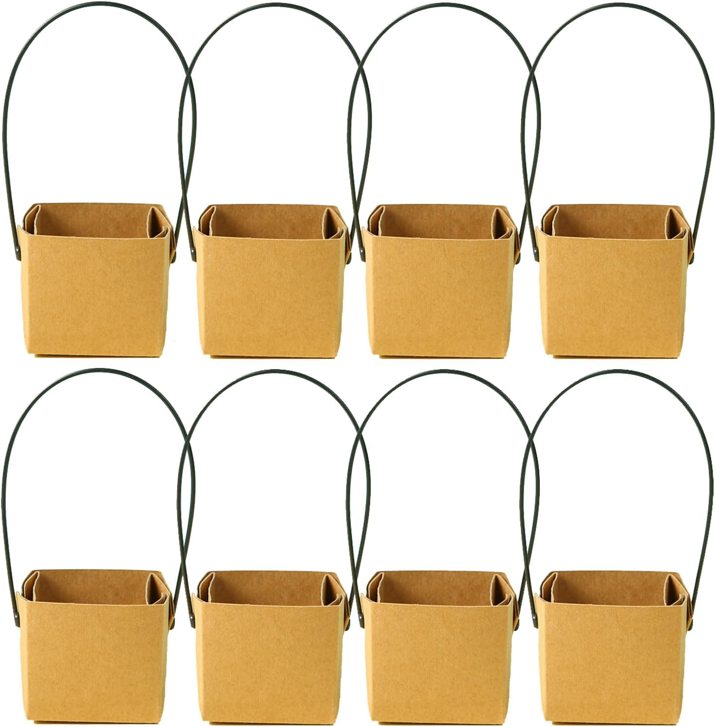 20Pcs Square Succulents Wraps Gift Bags Kraft Paper Succulent Decoration Sleeve Succulent Gift Baskets with Plastic Handle Plant Gift Box Fits 3 Inch Pots for Home Decor Gift Party Wedding Favor