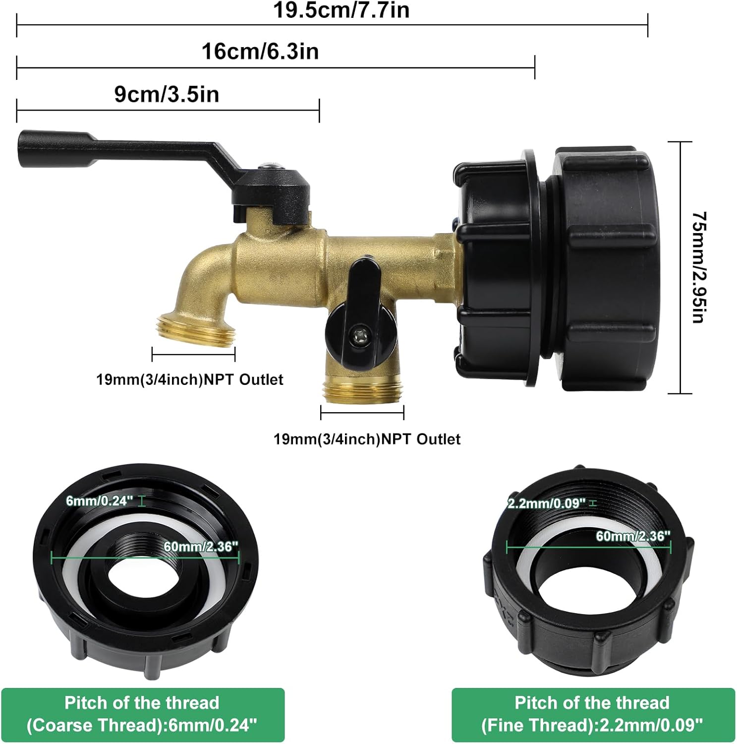 275-330 Gallon IBC Tote Water Tank Adapter, 2 in 1 Double Faucets 2.36" Coarse Thread+ 2.36"Fine Thread IBC Tote Valve Fittings Brass Hose Faucet Garden Hose Connector Replacement Parts