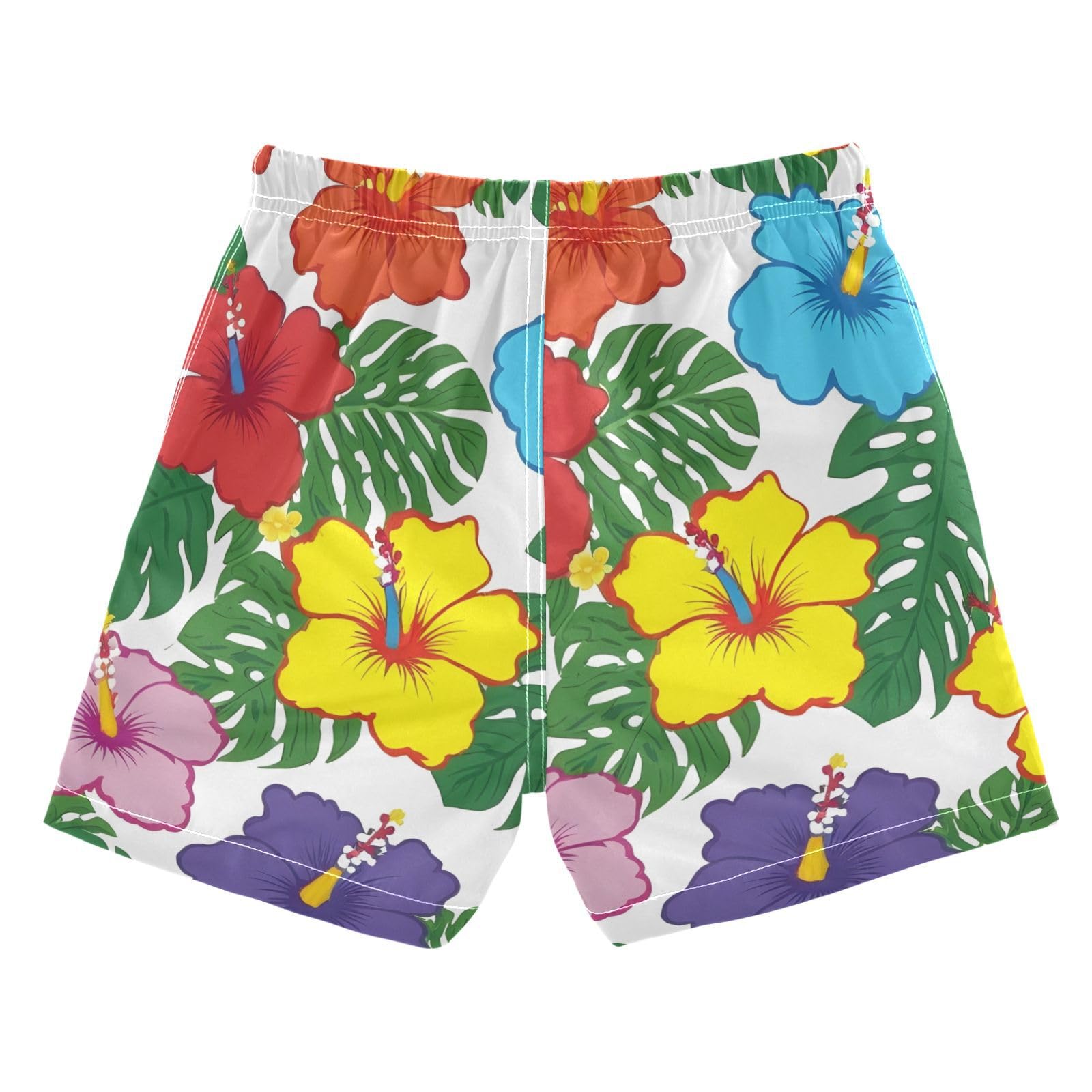 FLildon Hawaiian Palm Leaves Hibiscus Little Boys Swim Trunks with Mesh Lining Quick Dry Beach Board Shorts, 3T