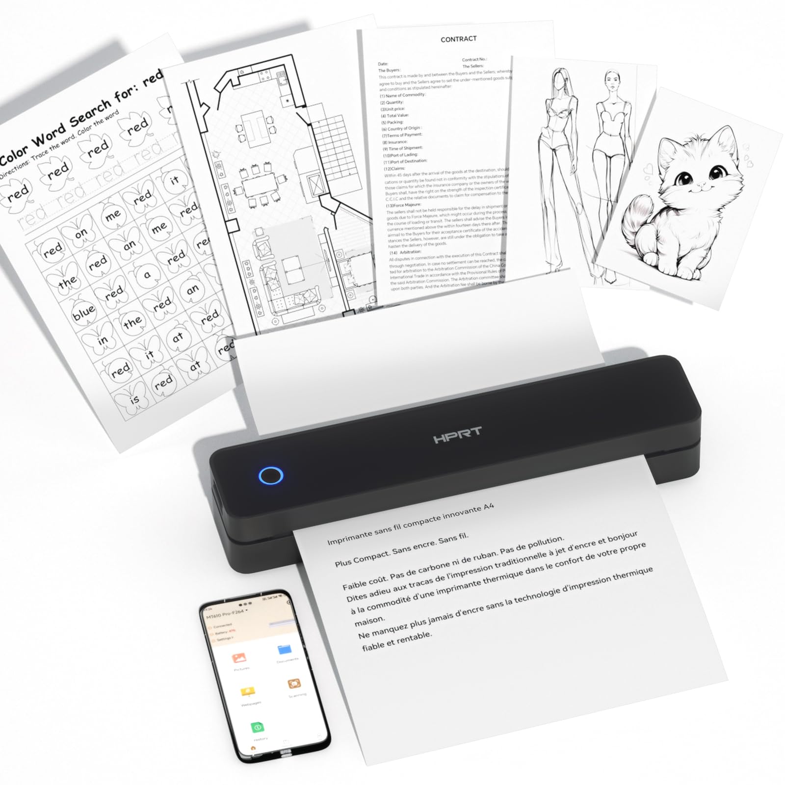 HPRT tragbarer Drucker drahtlos für Reisen, Bluethooth Tintenloser Thermodrucker Unterstützung für A4-Papier, kompatibel mit iOS, Android, Laptop für Büro und Zuhause
