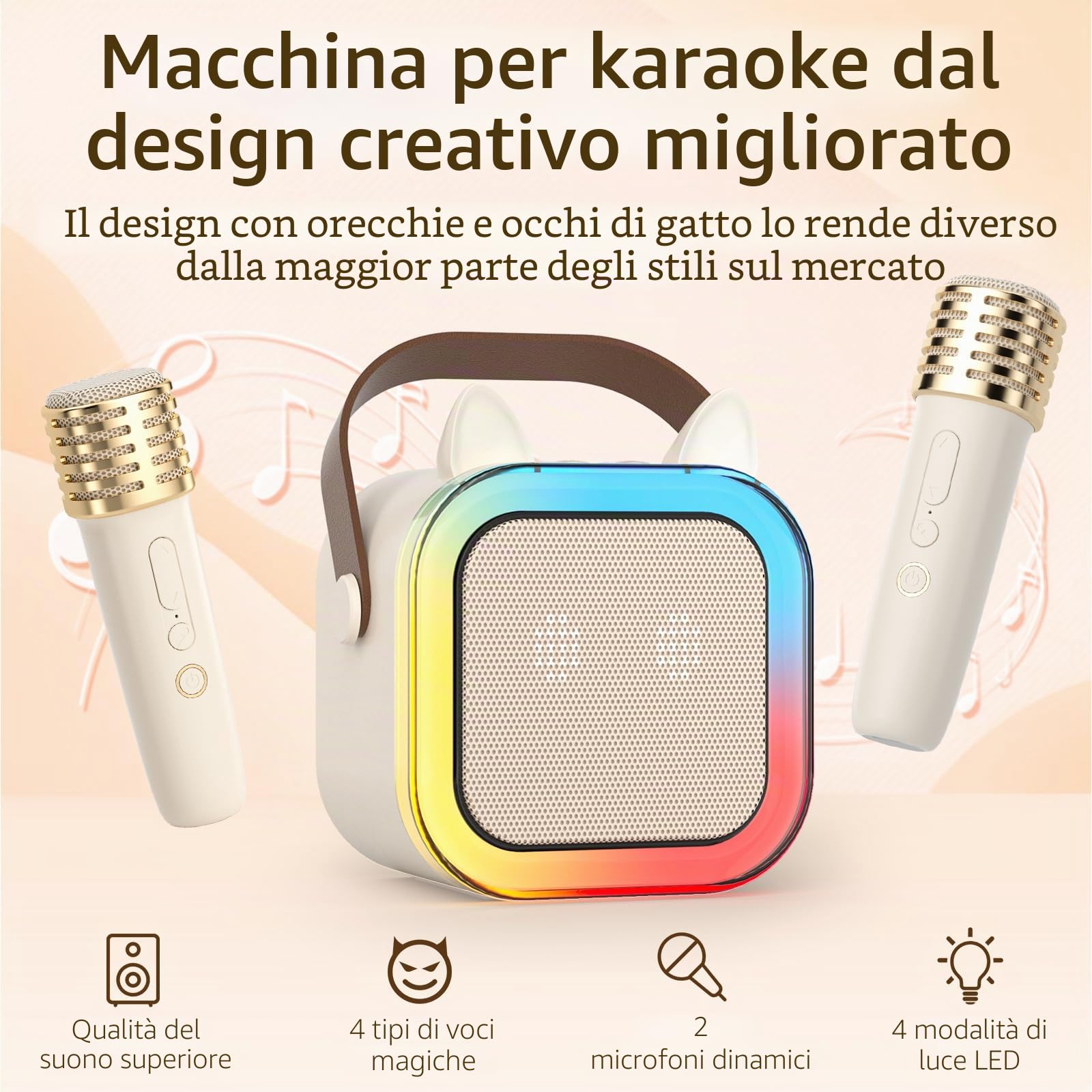 Cute Cat Ear Karaoke Machine per bambini adulti, sistema di karaoke portatile con luce LED lampeggiante, 2 microfoni wireless, supporto Bluetooth/TF/USB, altoparlante regalo per Natale