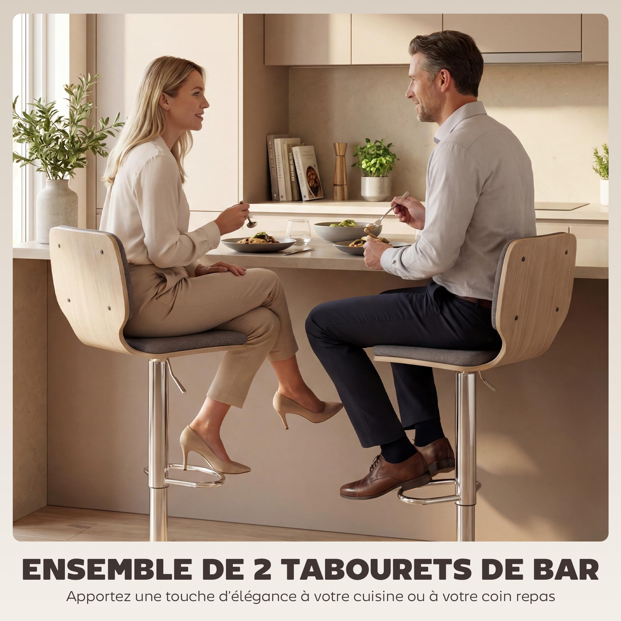 HOMCOM Lot de 2 Tabourets de Bar Hauteur Réglable 41x47,5x81-102cm Gris