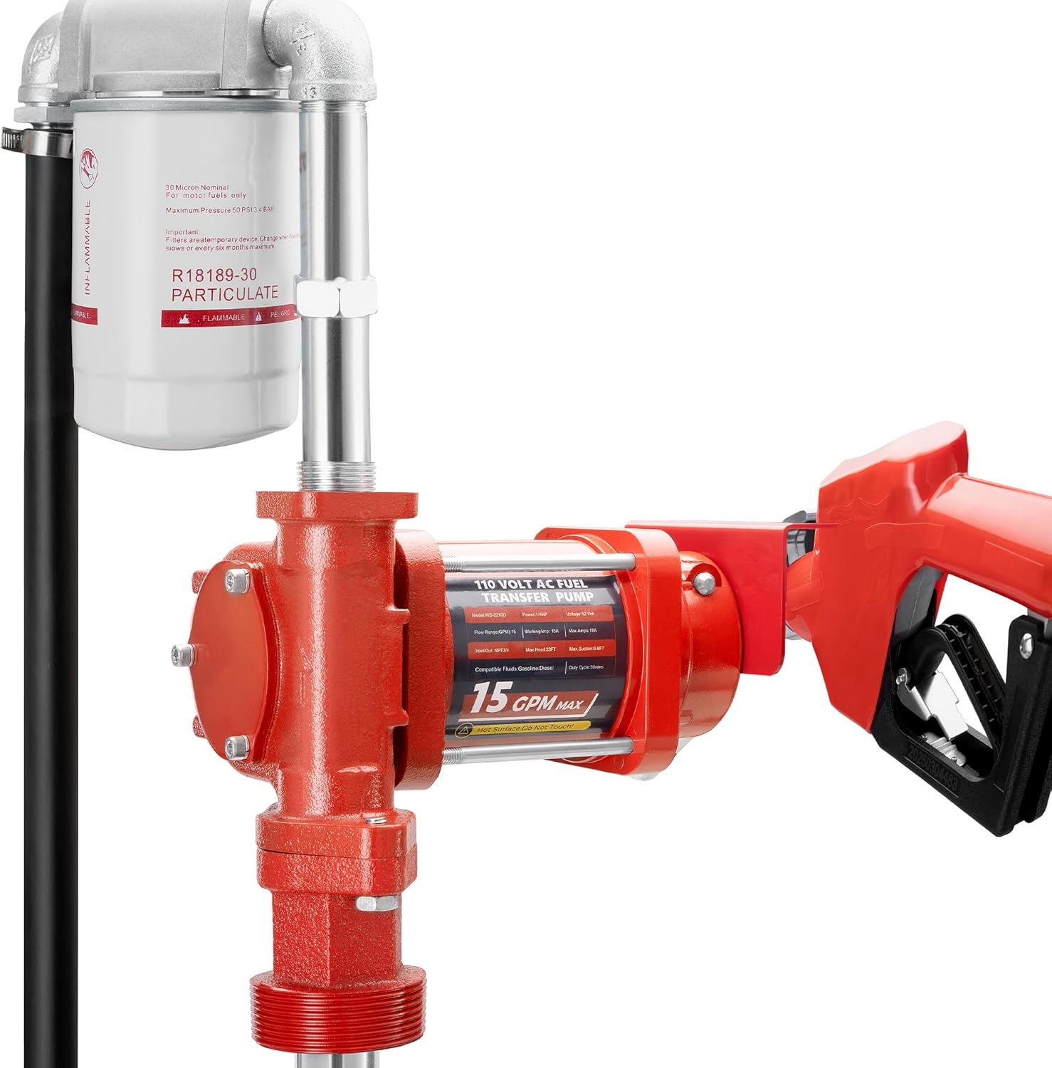 110V AC 15 GPM Fuel Transfer Pump with Discharge Hose, Automatic Nozzle, Premium Filter Package, Suitable for Gasoline, Diesel, Kerosene, Ethanol & Methanol Blends 110V AC 15GPM