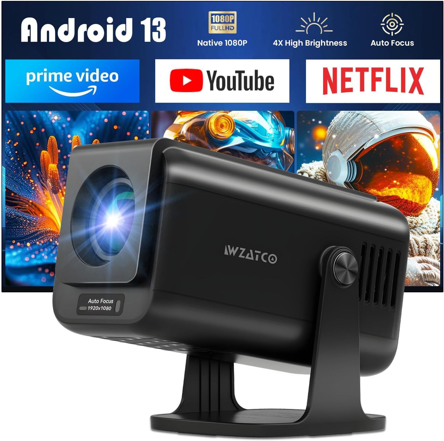 - WZATCO Yuva Go Pro Fully Automatic Native 1080P Android 13.0 Smart Projector, Auto Focus, Auto 4D Keystone, 12000 Lumens, 4K HDR Support, Rotatable Design, WiFi 6 & BT, Screen Mirroring, ARC