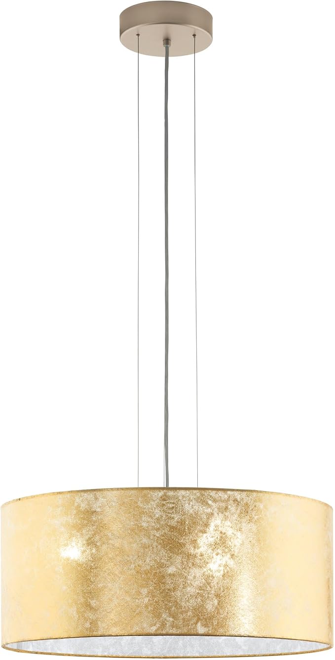 Eglo EGLO Hanglamp Viserbella, 3 vlammige hanglamp vintage, modern, hanglamp van staal en textiel in champagne, goud, eettafellamp, woonkamerlamp hangend met E27 fitting, Ø 53 cm